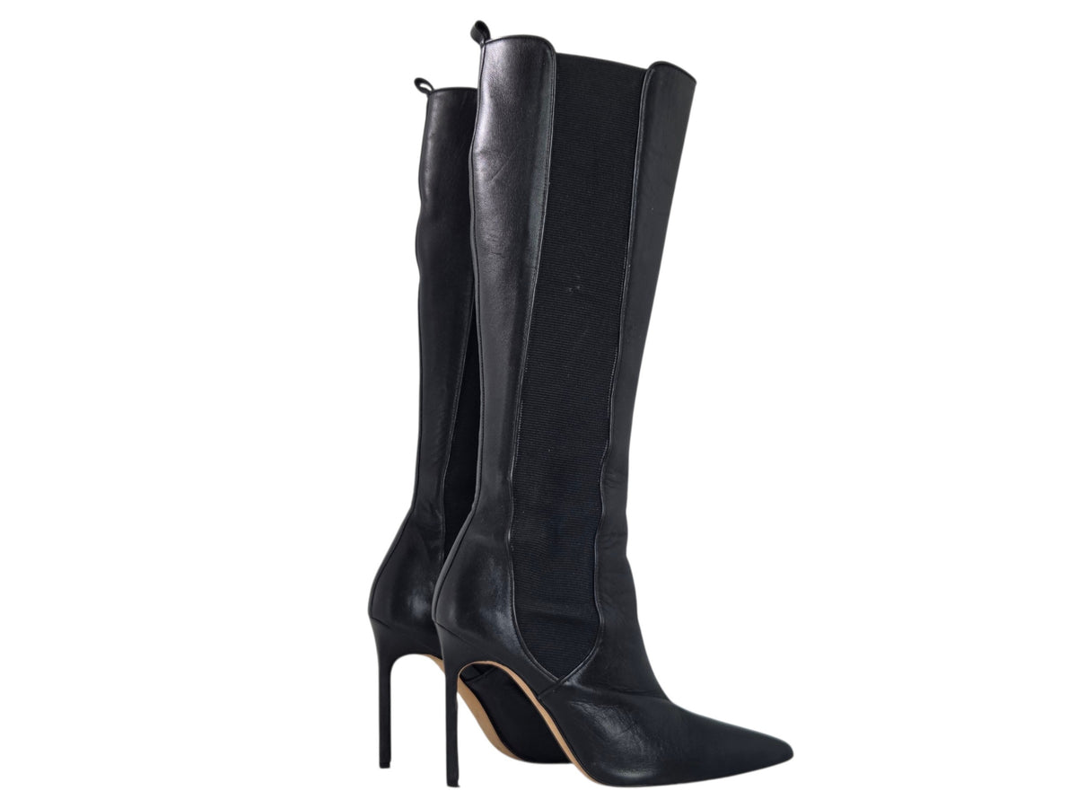 Pre-Owned Manolo Blahnik Black Leather Knee-High Stiletto Boots — Size 36