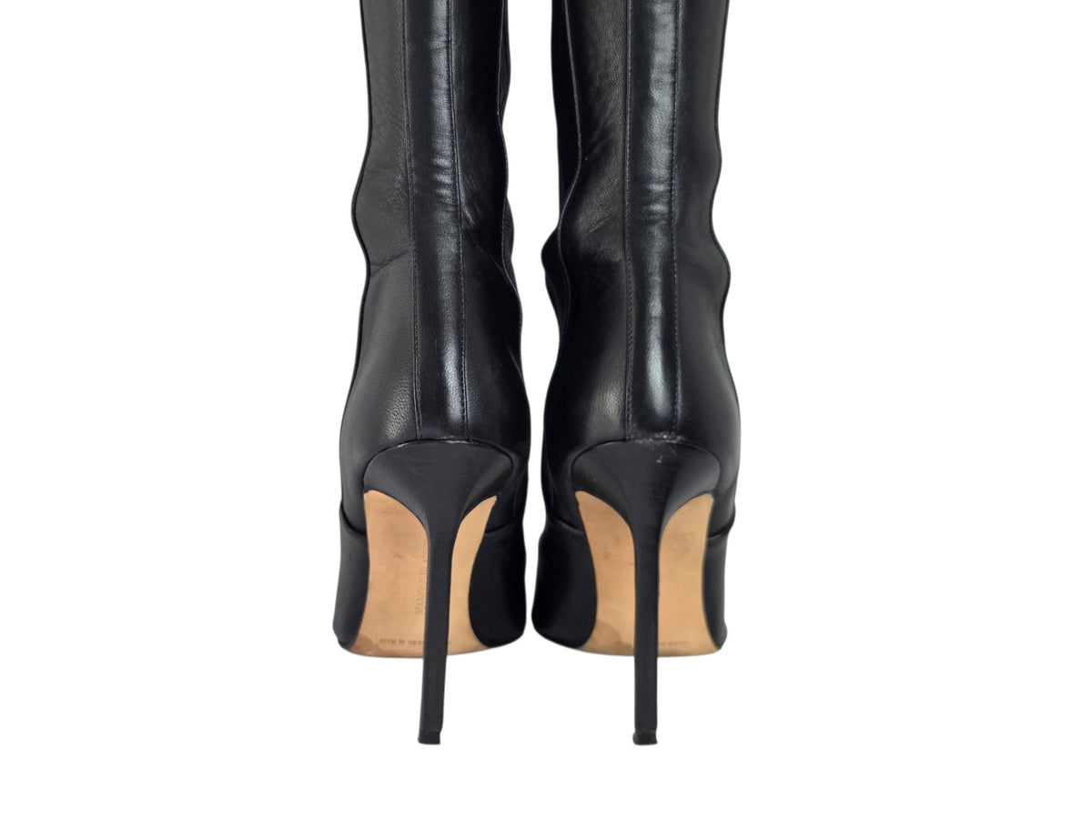 Pre-Owned Paris Texas Black Croc-Embossed Knee-High Stiletto Boots — Size 35