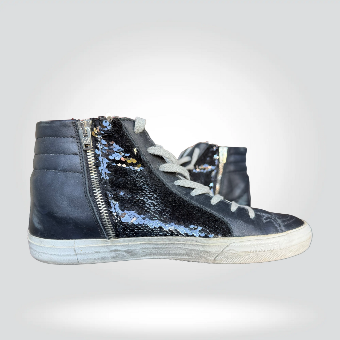 GolGolden Goose Super-Star High Top Sneakers Black Leather Glitter Star Neon Green Trim — Size 41— [Good | Style Reissue Vancouverden Goose Slide Classic