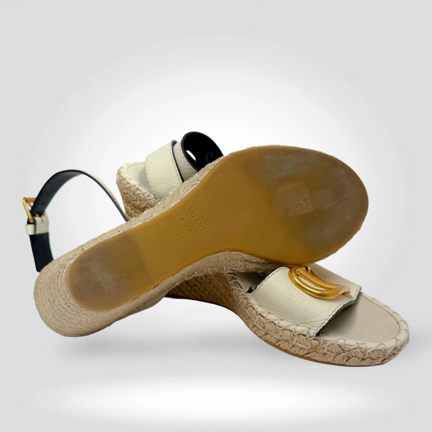 Pre-Owned Valentino VLogo Cream Leather Gold Hardware Slingback Wedge Espadrille Sandal 4" — Size 39 — Very Good | Style Reissue Vancouver