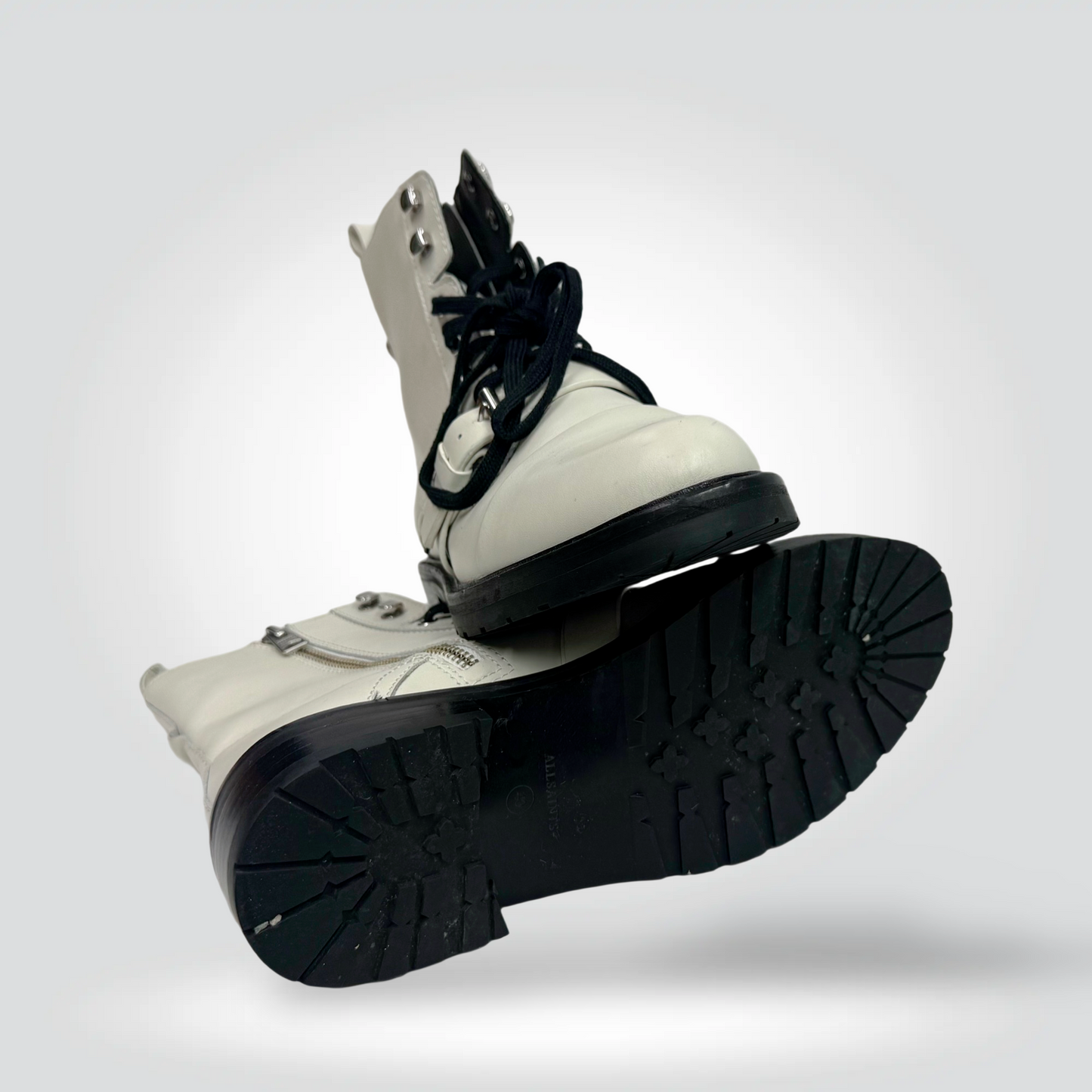 Pre-Owned All Saints Cream Off-White Leather Combat Boots Black Laces Silver Hardware Side Buckle — Size —40 Very Good | Style Reissue Vancouver