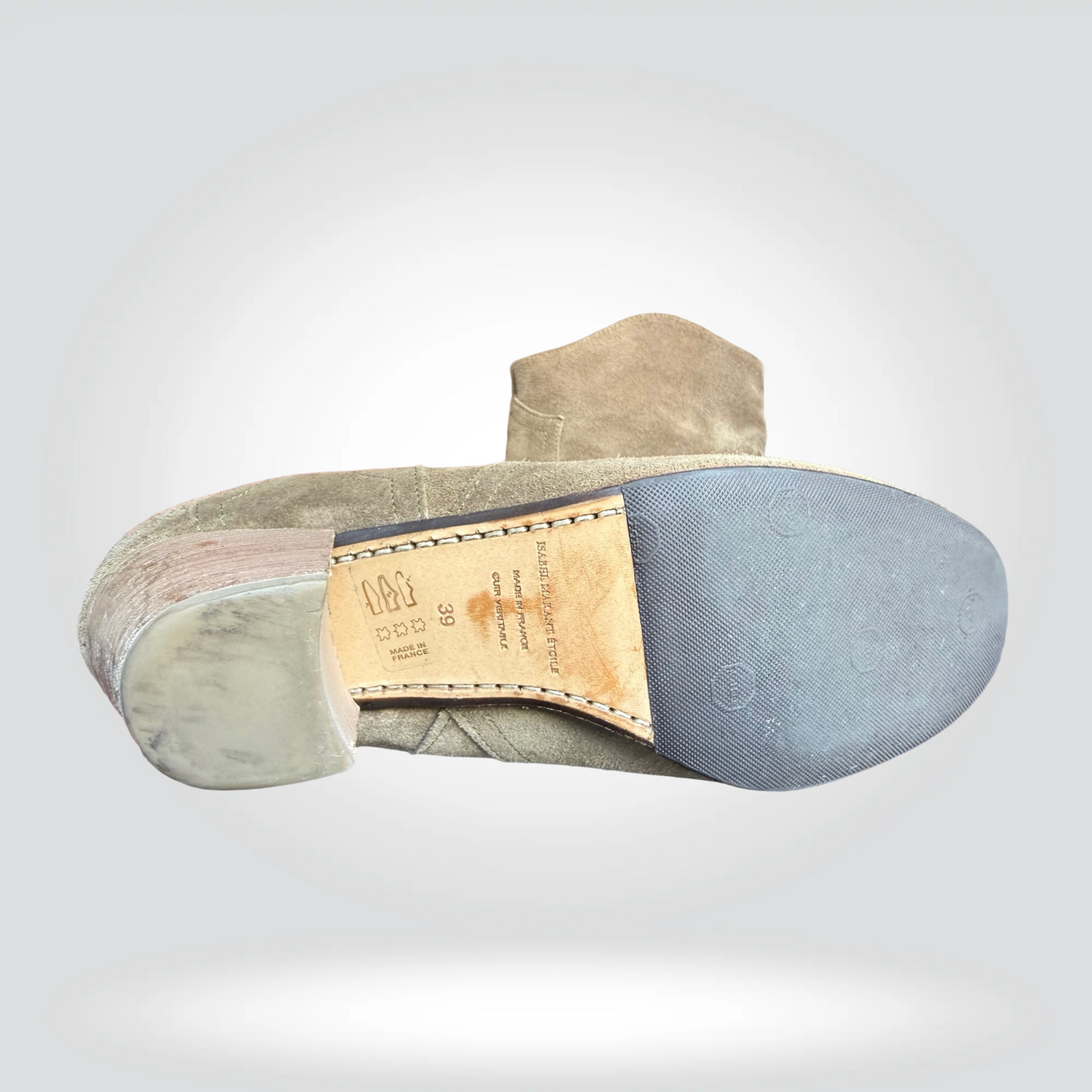 Isabel Marant Dicker Boots Grey Khaki Suede Stacked Wooden Heel Ankle Boot — Size 39—Good | Style Reissue Vancouver