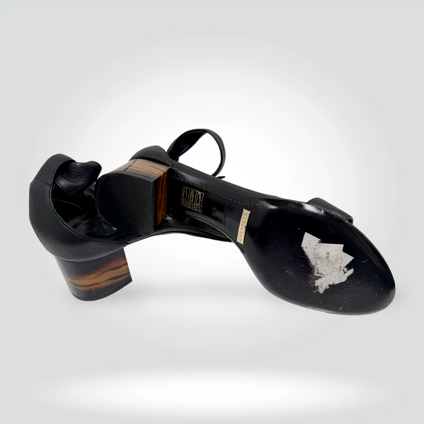 Burberry Black Leather Block Heel Sandals Gold Buckle Tortoiseshell Heel Ankle Strap — Size 37.5— Very Good | Style Reissue Vancouver