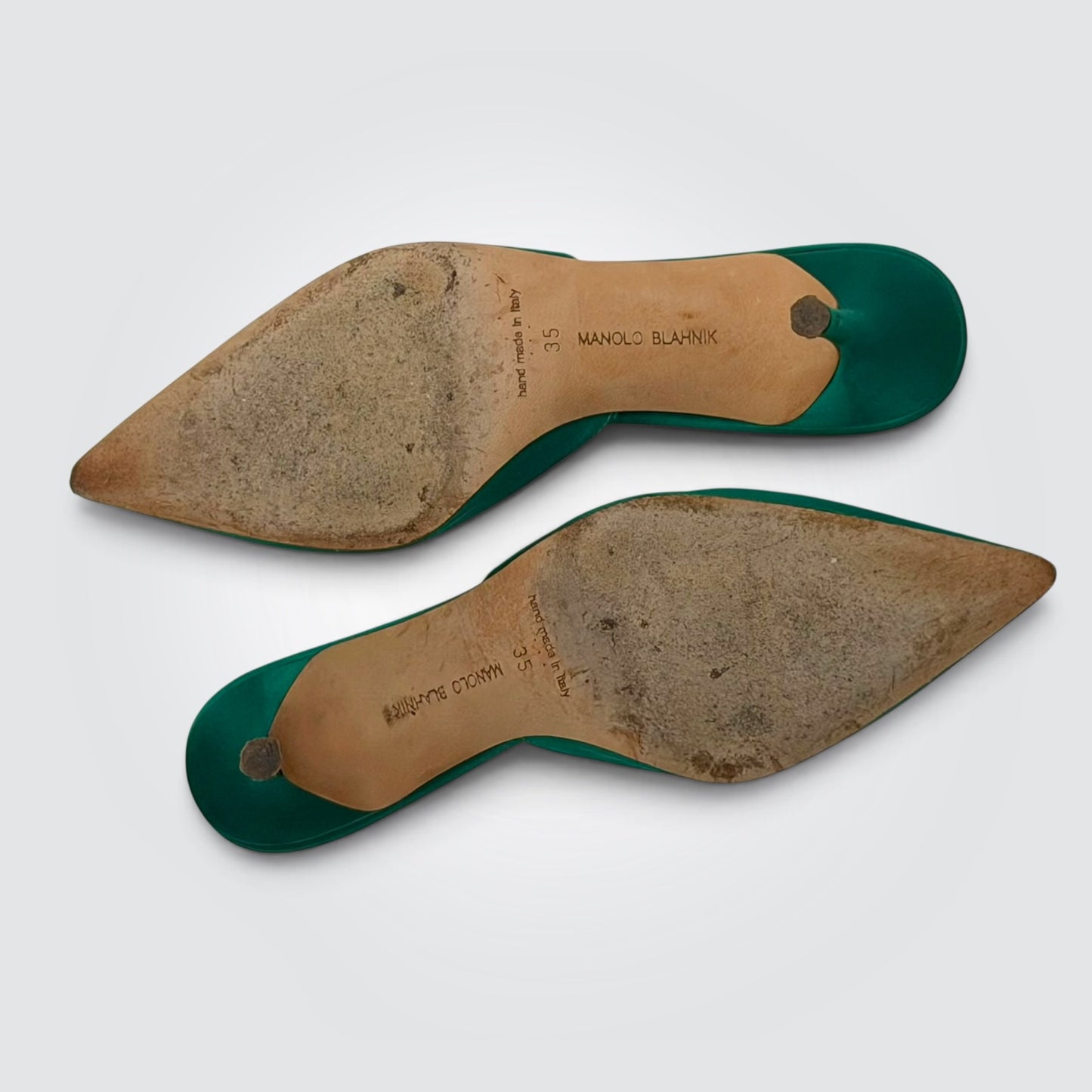 Pre-Owned Manolo Blahnik Lurum Green Satin Crystal-Embellished Mules