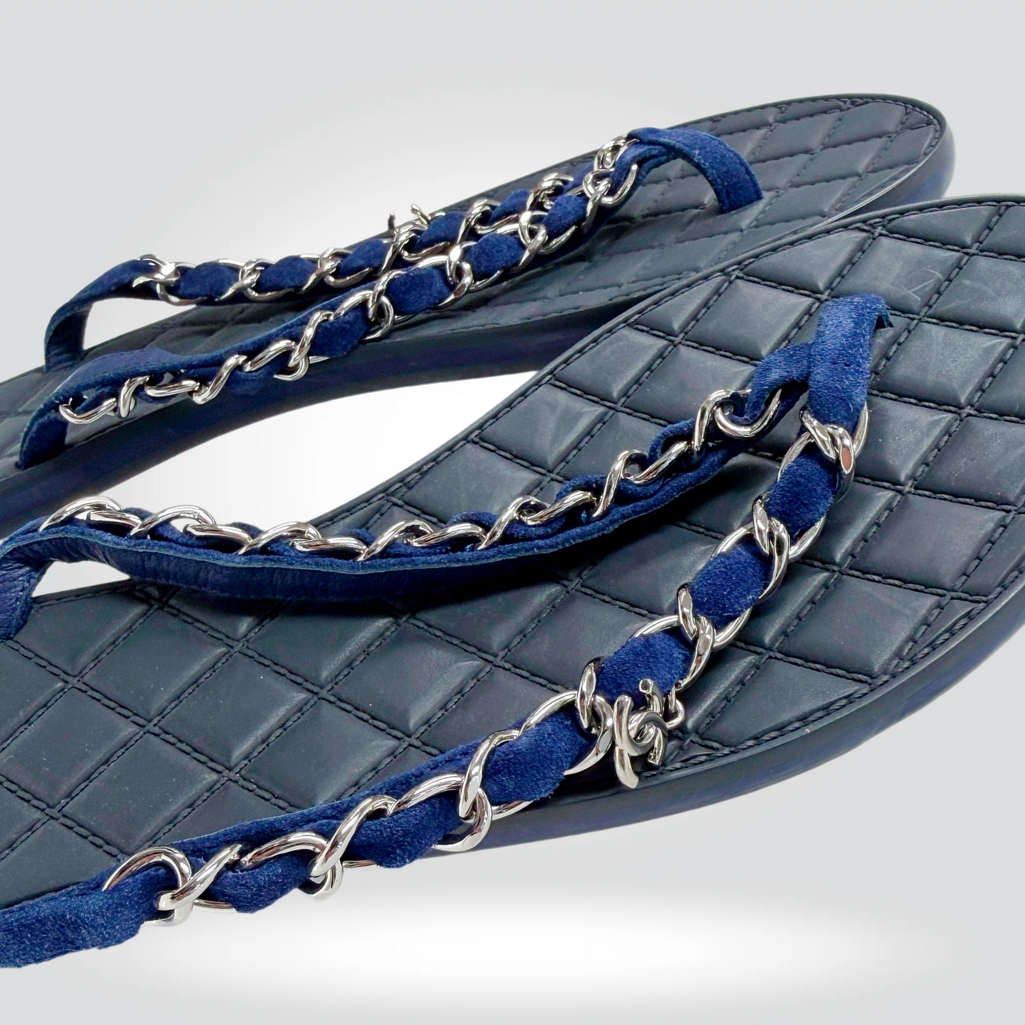 Chanel Coco Neige Chain thong Sandal Navy Blue Suede -Very Good |Stylereissue Vancouver