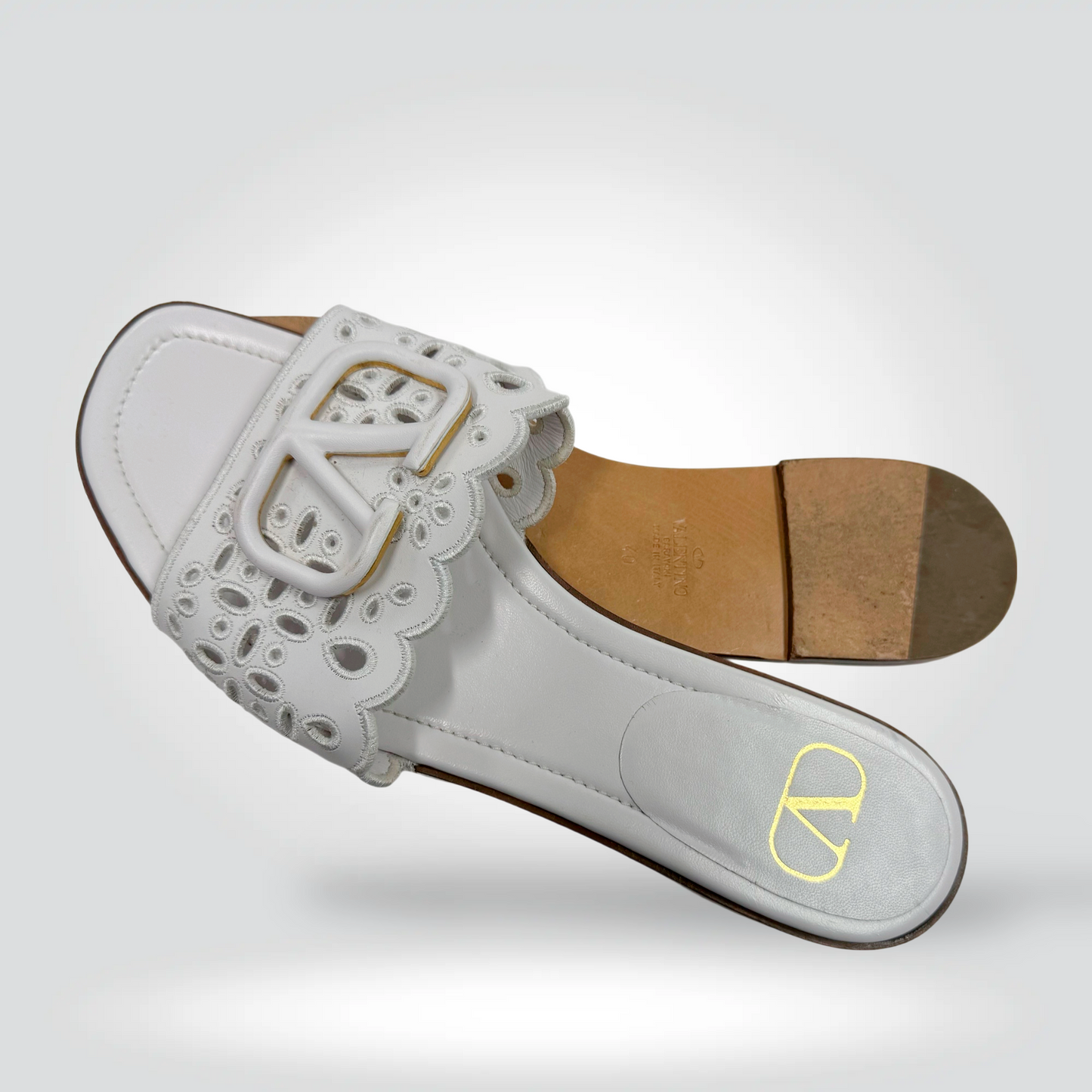 Pre-Owned Valentino Garavani VLogo Slide Mules White Leather Scalloped Perforated Strap Gold VLogo — Size — Condition | Style Reissue Vancouver
