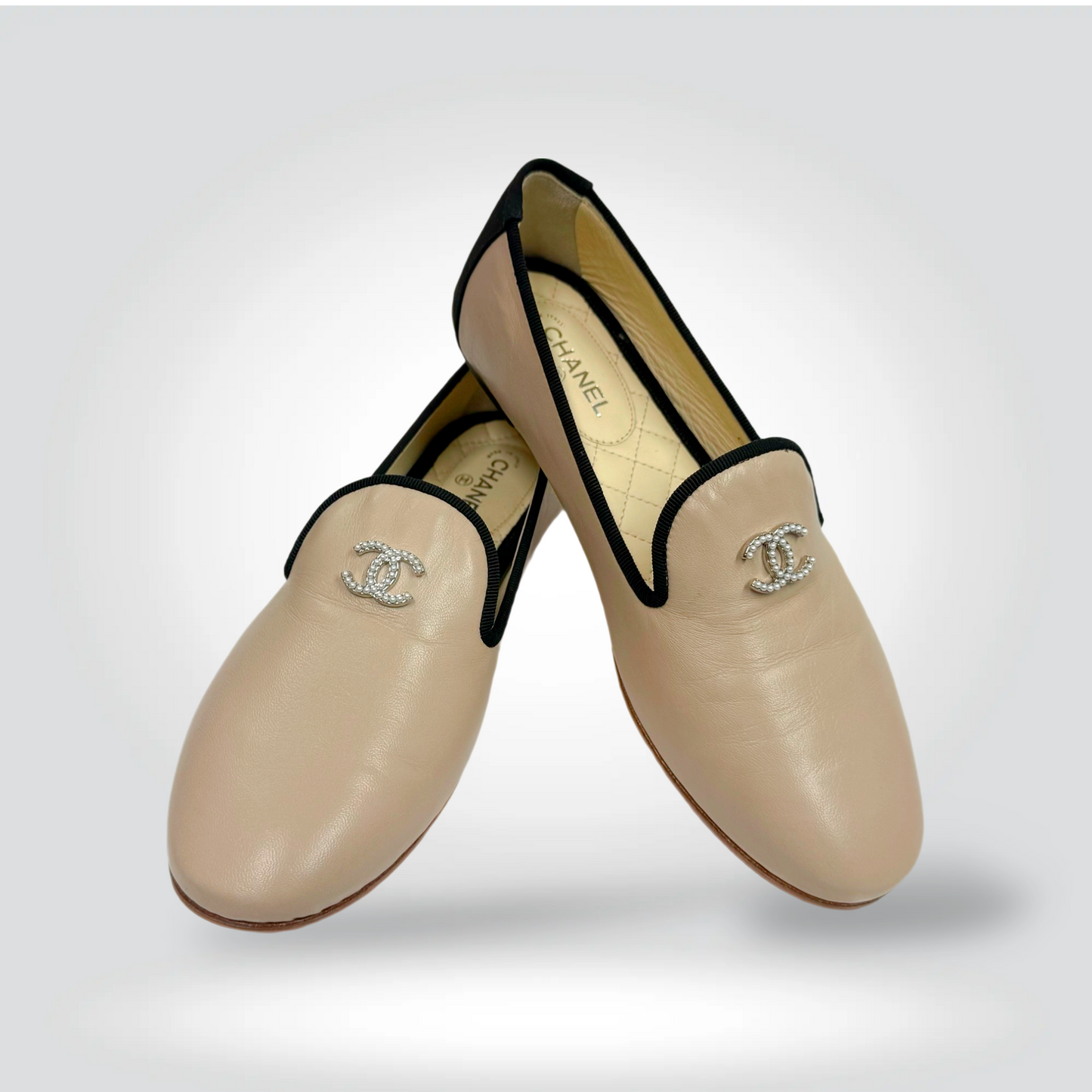 Pre-Owned Chanel Beige Leather CC Logo Loafer Flat Black Contrast Trim Silver Hardware — Size — Condition | Style Reissue Vancouver
