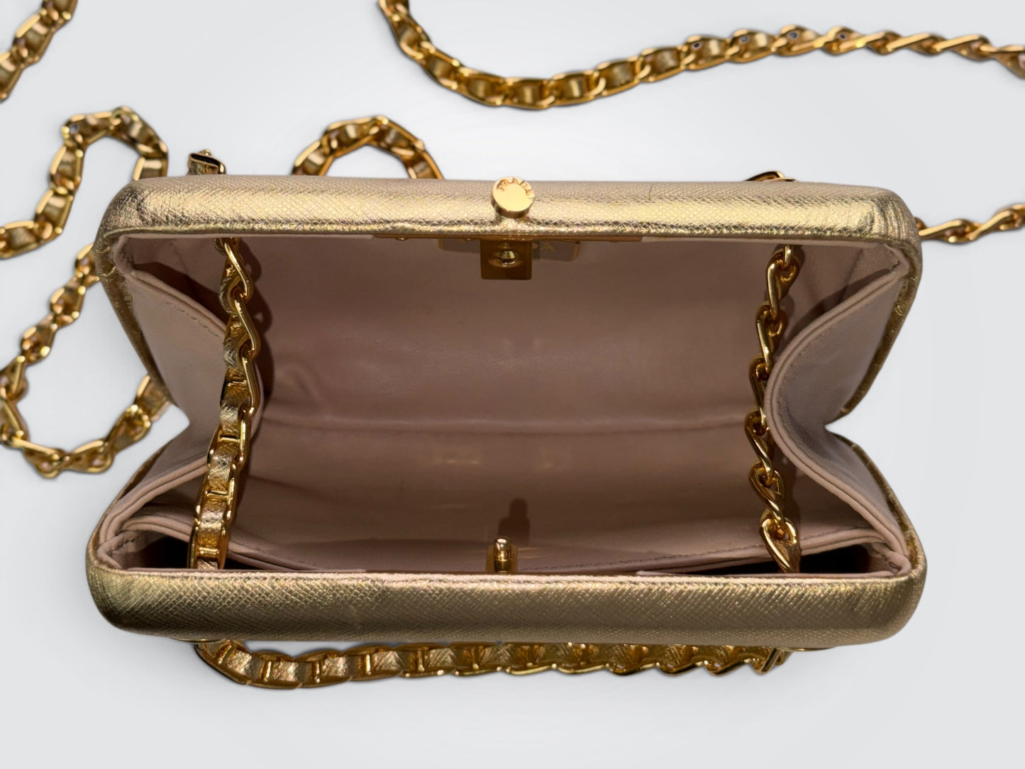 Pre-Owned Prada Gold Metallic Saffiano Leather Wallet on Chain – Shoulder Bag and Clutch