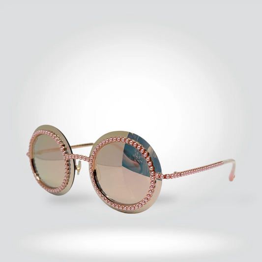 Chanel Pearl Embellished Round Sunglasses Gold Frame Pink Mirror Lenses —VeryGood | Style Reissue Vancouver