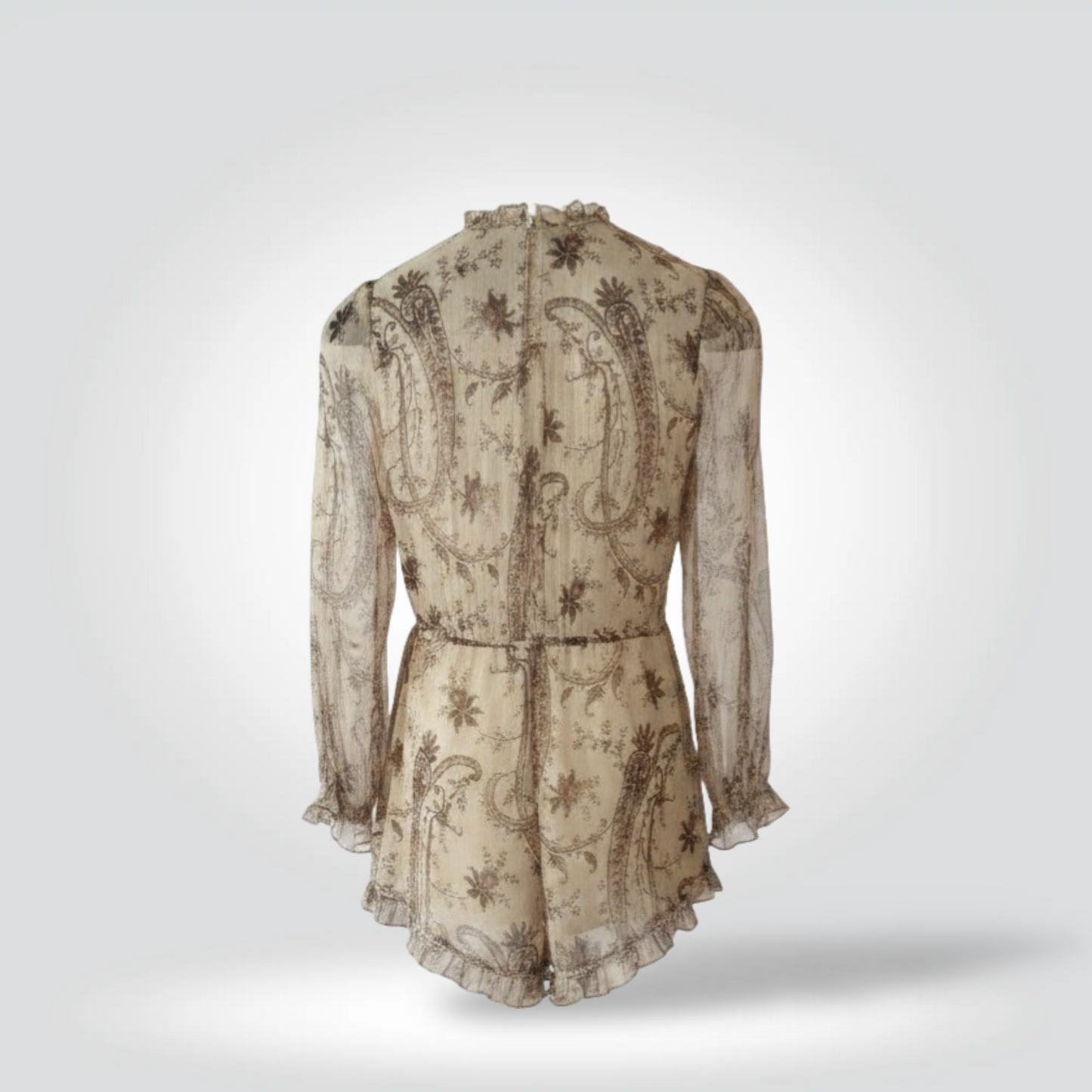 Pre-Owned Zimmermann Cream Ivory Silk Paisley Floral Ruffle Long Sleeve Romper — Size 1 — Condition | Style Reissue Vancouver