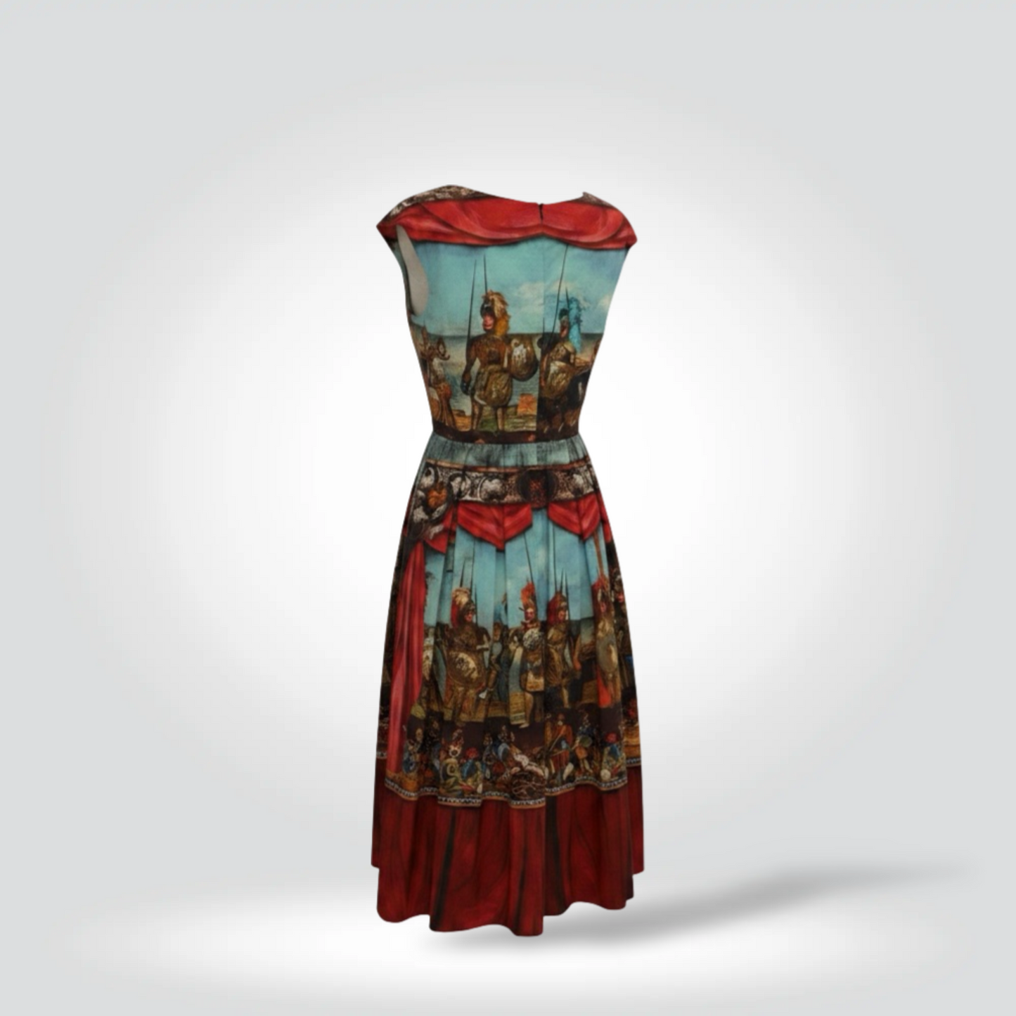 Pre-Owned Dolce & Gabbana Roman Warrior Theatrical Print Cotton Midi Dress Cap Sleeve — Size 42 — Very Good | Style Reissue Vancouver