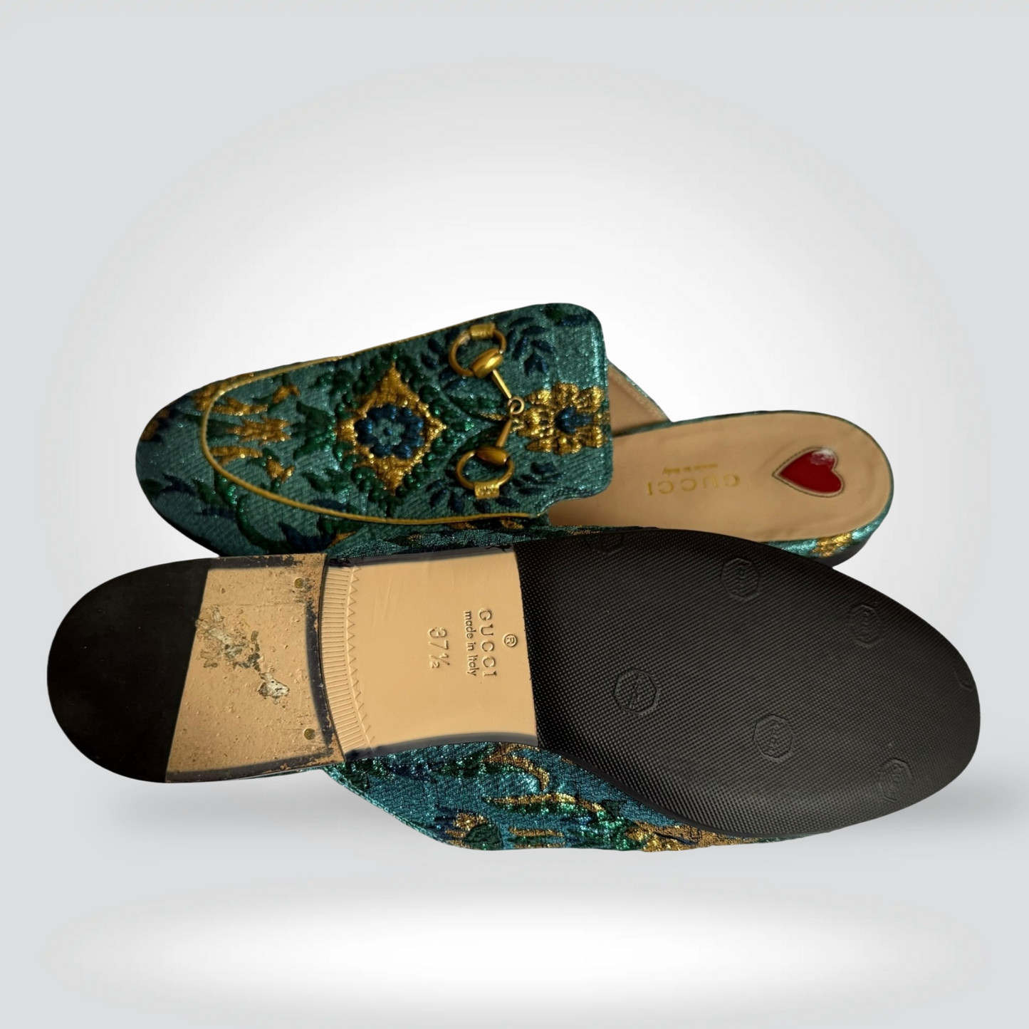 Pre-Owned Gucci Princetown Teal Emerald Green Gold Brocade Horsebit Loafer Mule Flat — Size 37.5 — Pristine | Style Reissue Vancouver