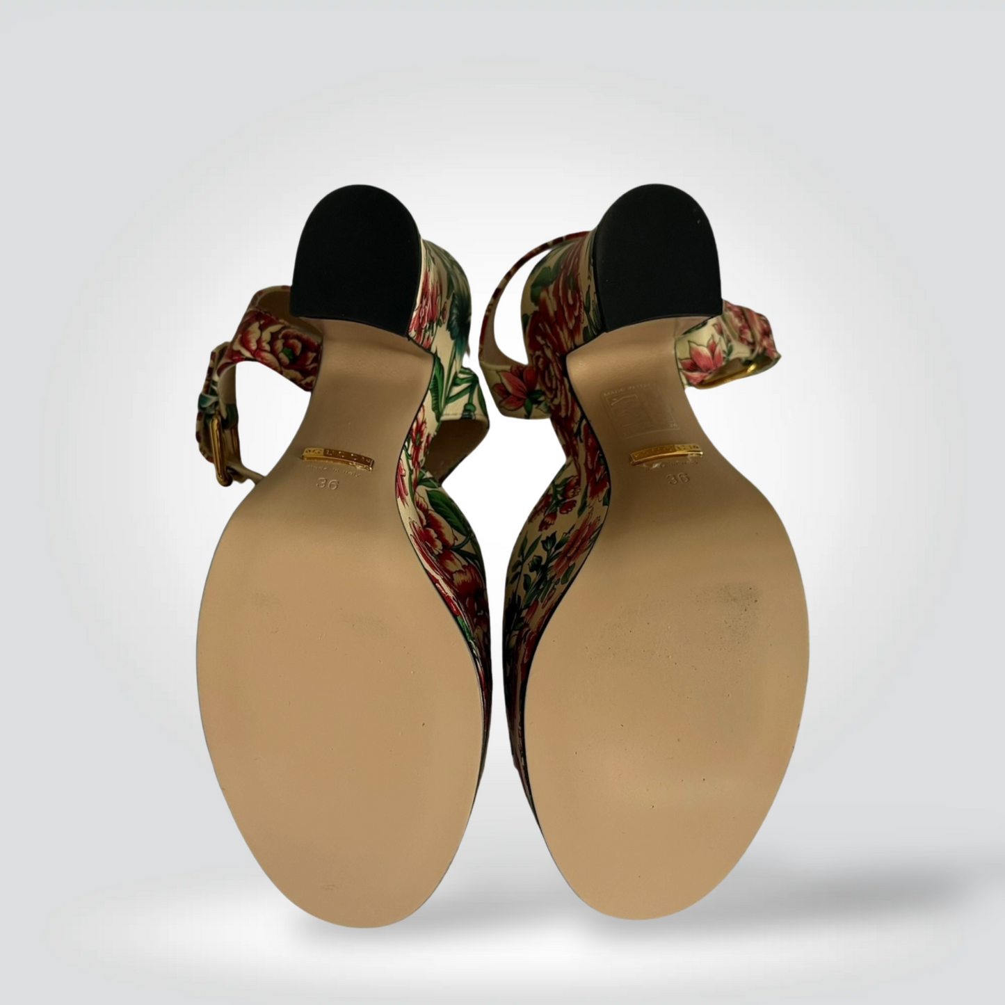 Pre-Owned Gucci Flora Cream Floral Brocade Horsebit Platform Sandal Ankle Strap Gold Hardware 4" — Size 36.5 — Pristine | Style Reissue Vancouver