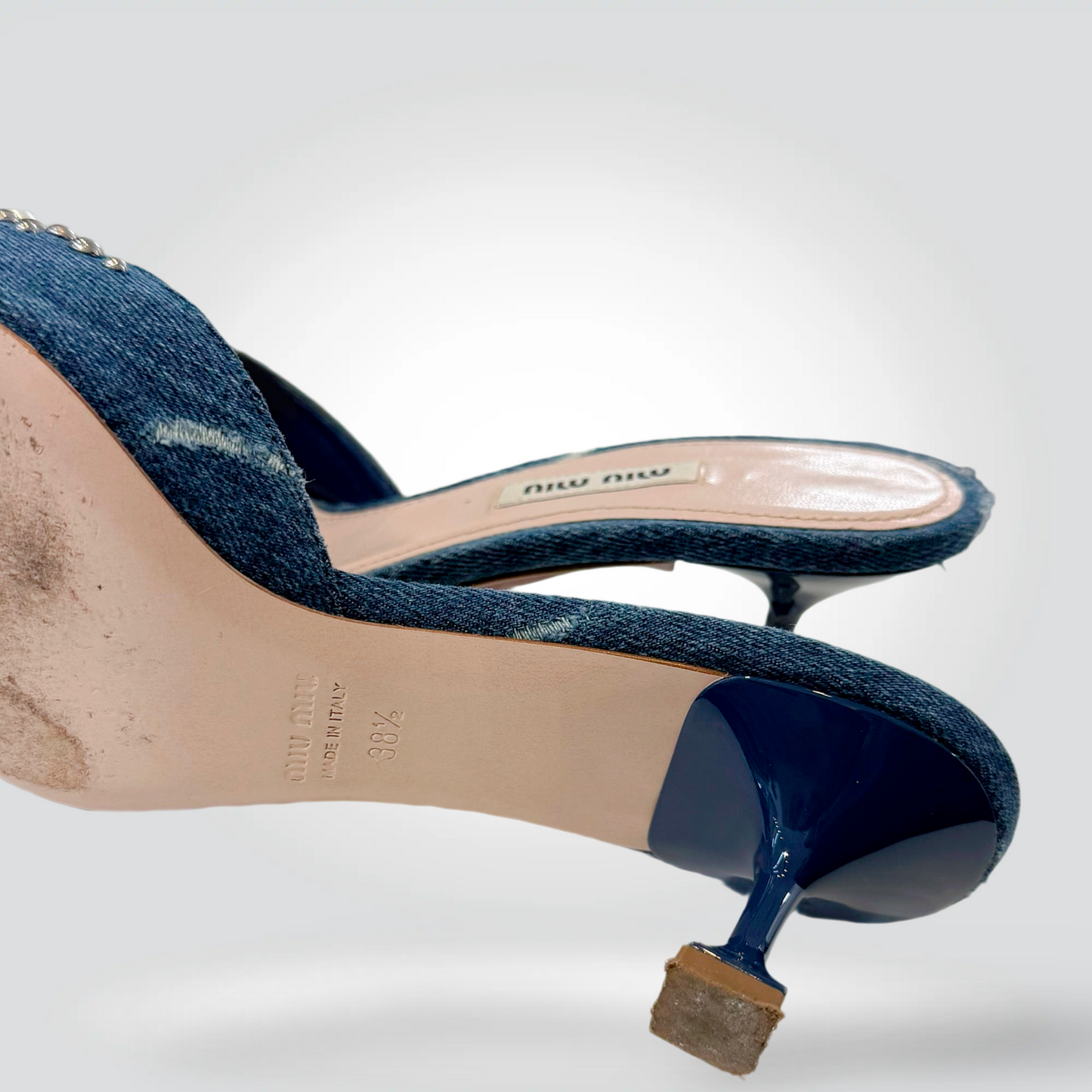 Pre-Owned Miu Miu Denim Pointed Toe Kitten Heel Mule Pearl Crystal Cluster Embellishment 2" Heel — Size 38.5 — Good | Style Reissue Vancouver