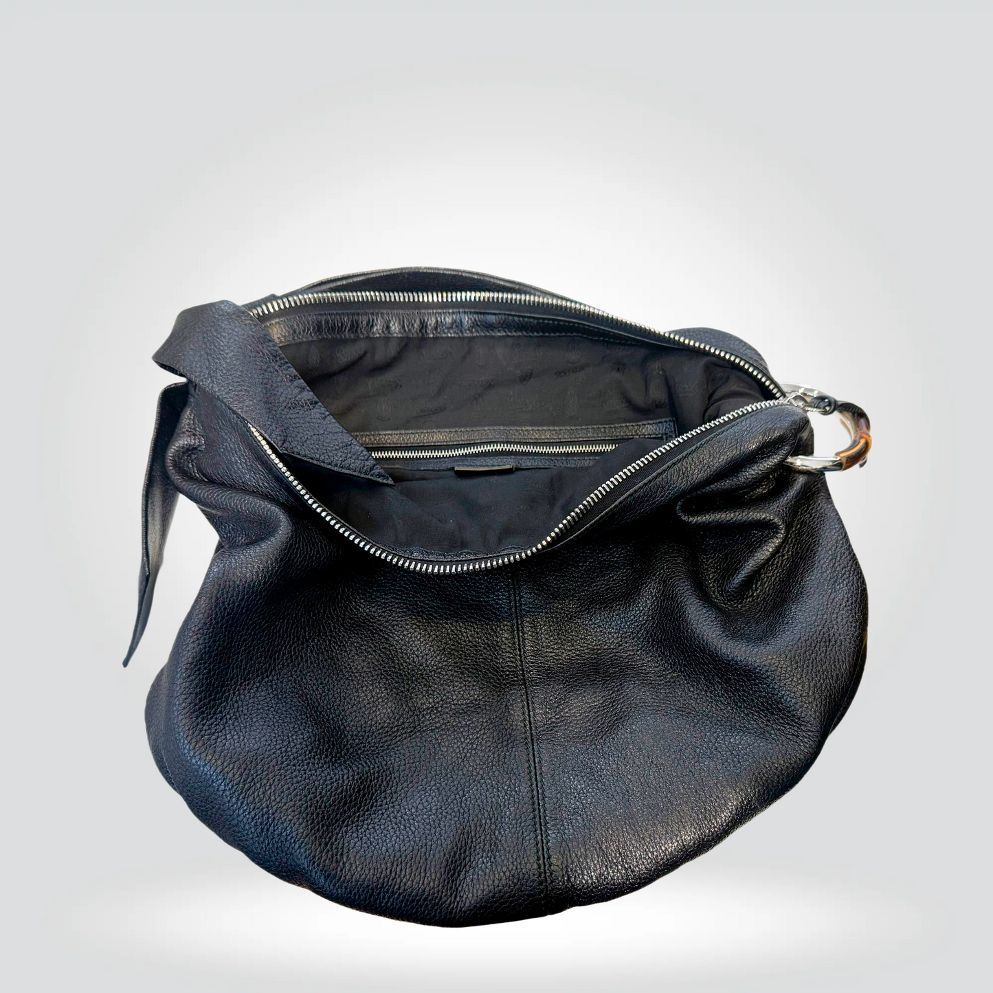 re-Owned Pre owned Gucci Black Pebbled Leather Bamboo Tassel Hobo Shoulder Bag — Very Good Style Reissue