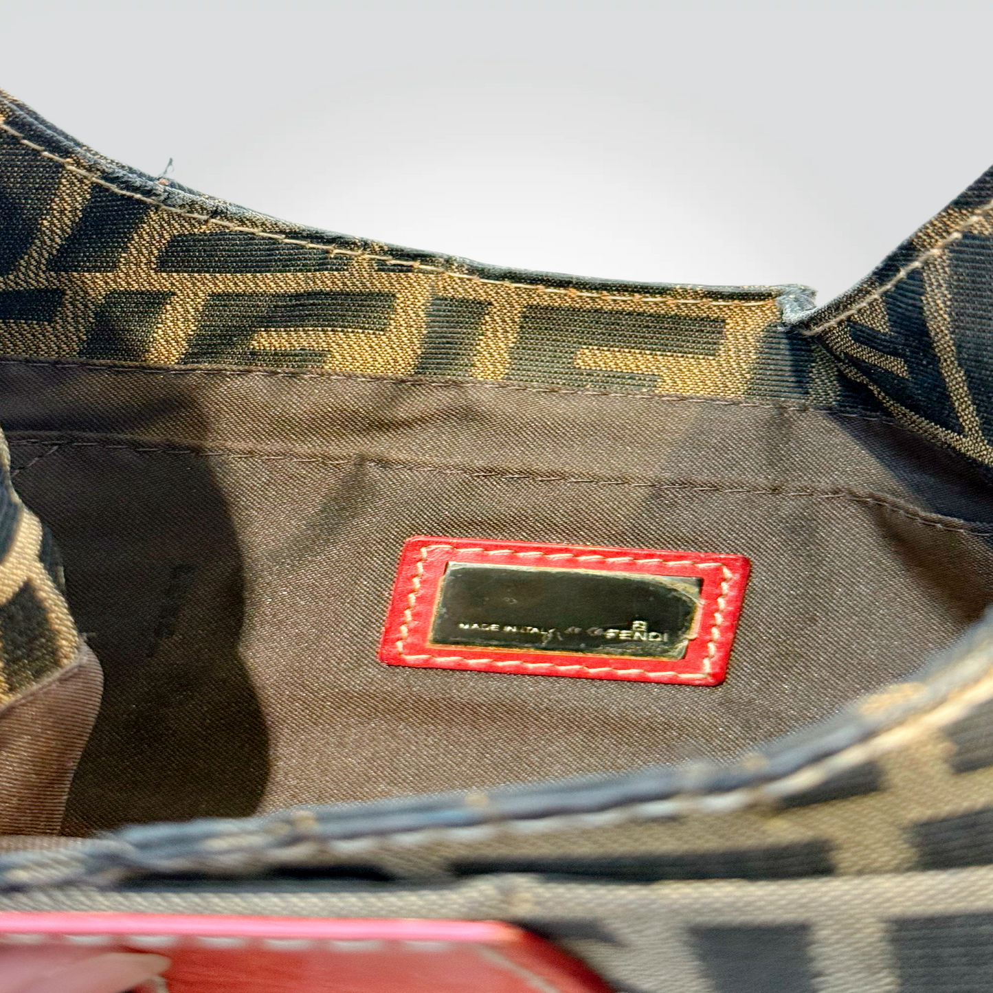 Pre-Owned Fendi Zucca FF Canvas Red Leather Trim Hobo Shoulder Bag Silver Buckle — Fair | Style Reissue Vancouver