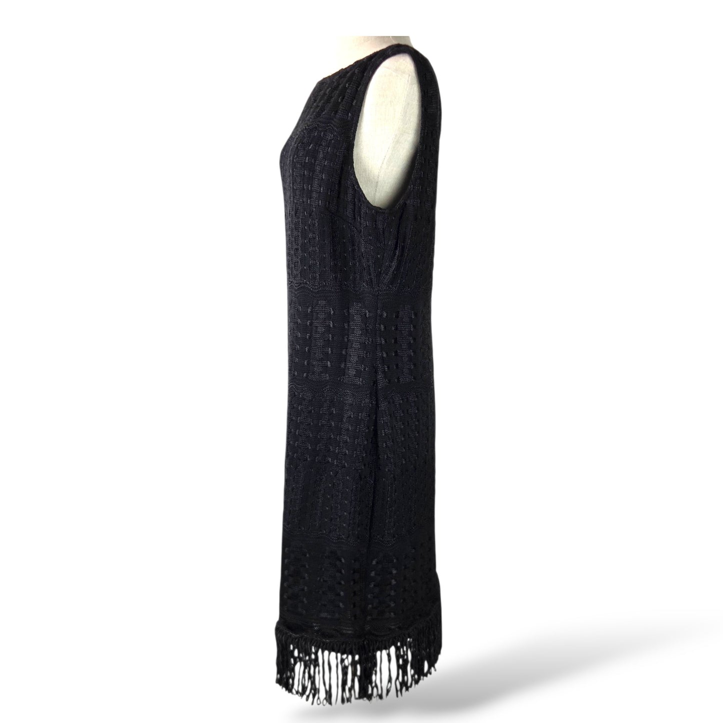 Pre-Owned St. John Couture Black Crochet Knit Sleeveless Dress with Fringe Hem — Size 12