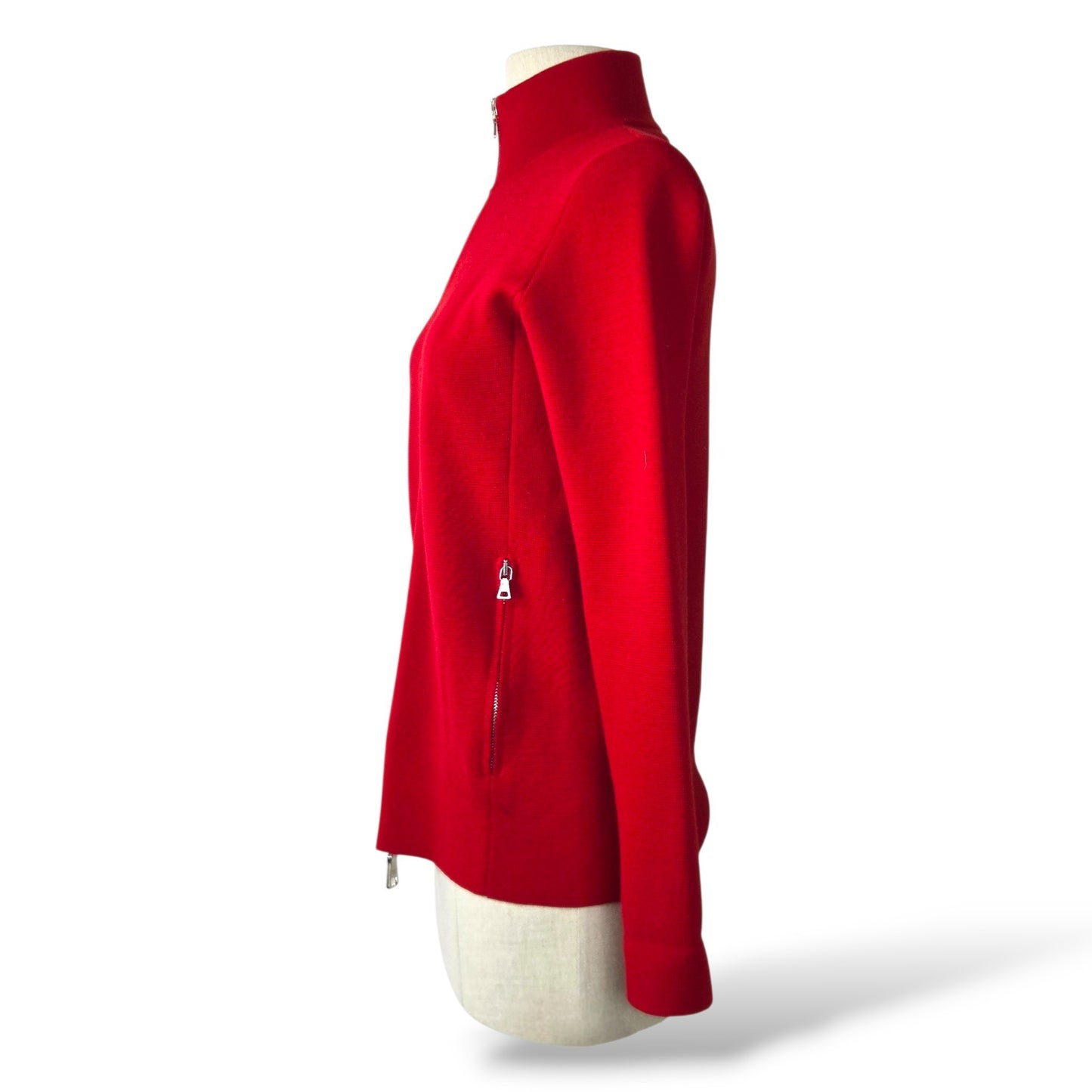 Pre-Owned Prada Red Virgin Wool Zip-Up Mock Neck Cardigan — Size 40