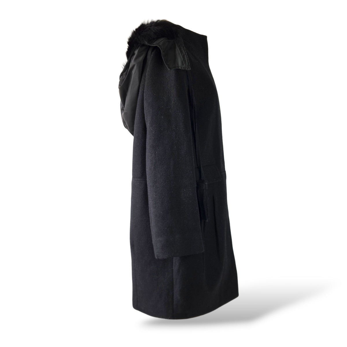 Pre-Owned Prada Black Virgin Wool Coat with Removable Fur Hood — Size 42