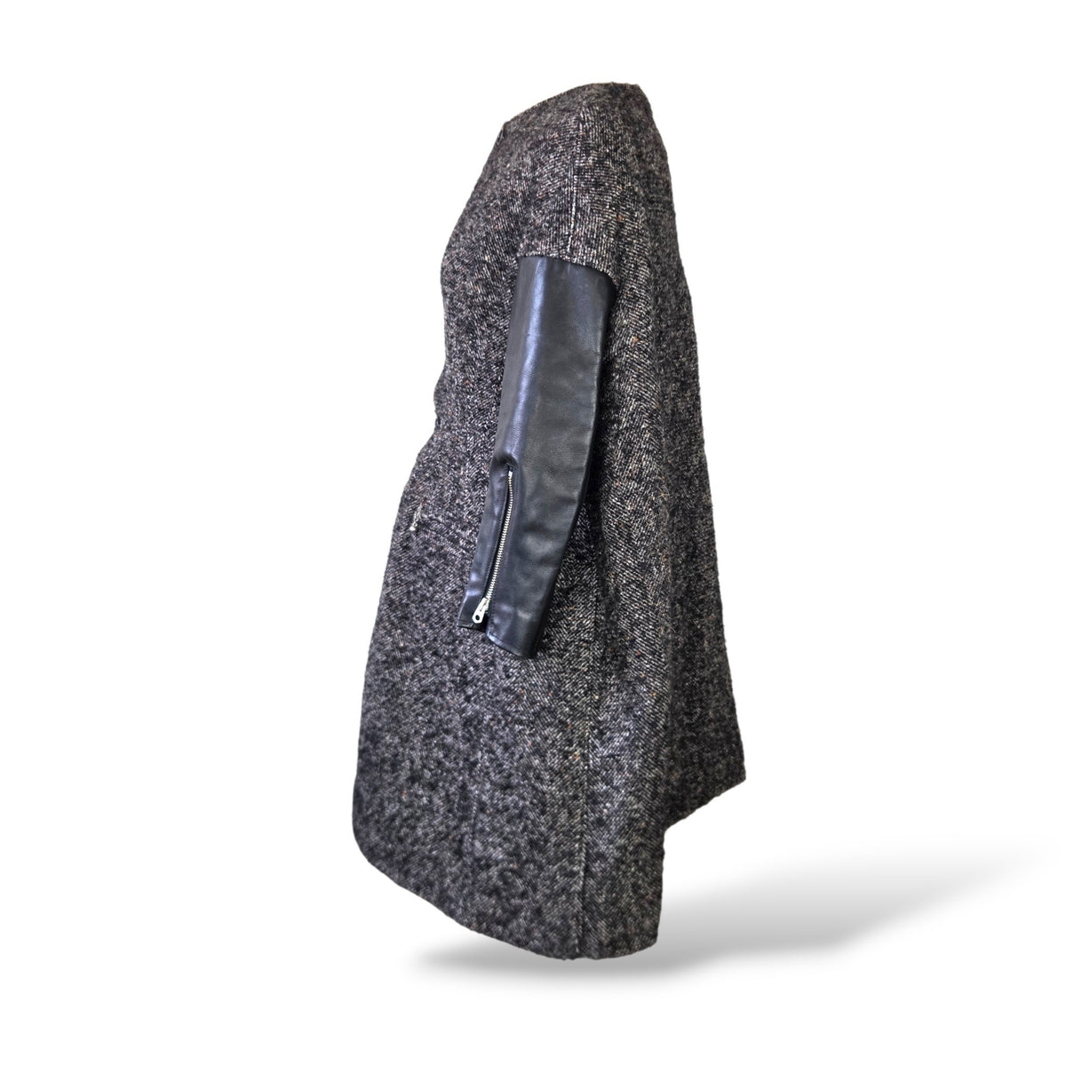 Pre-Owned Junya Watanabe Comme des Garçons Grey Wool Tweed Coat with Leather Sleeves — Size S