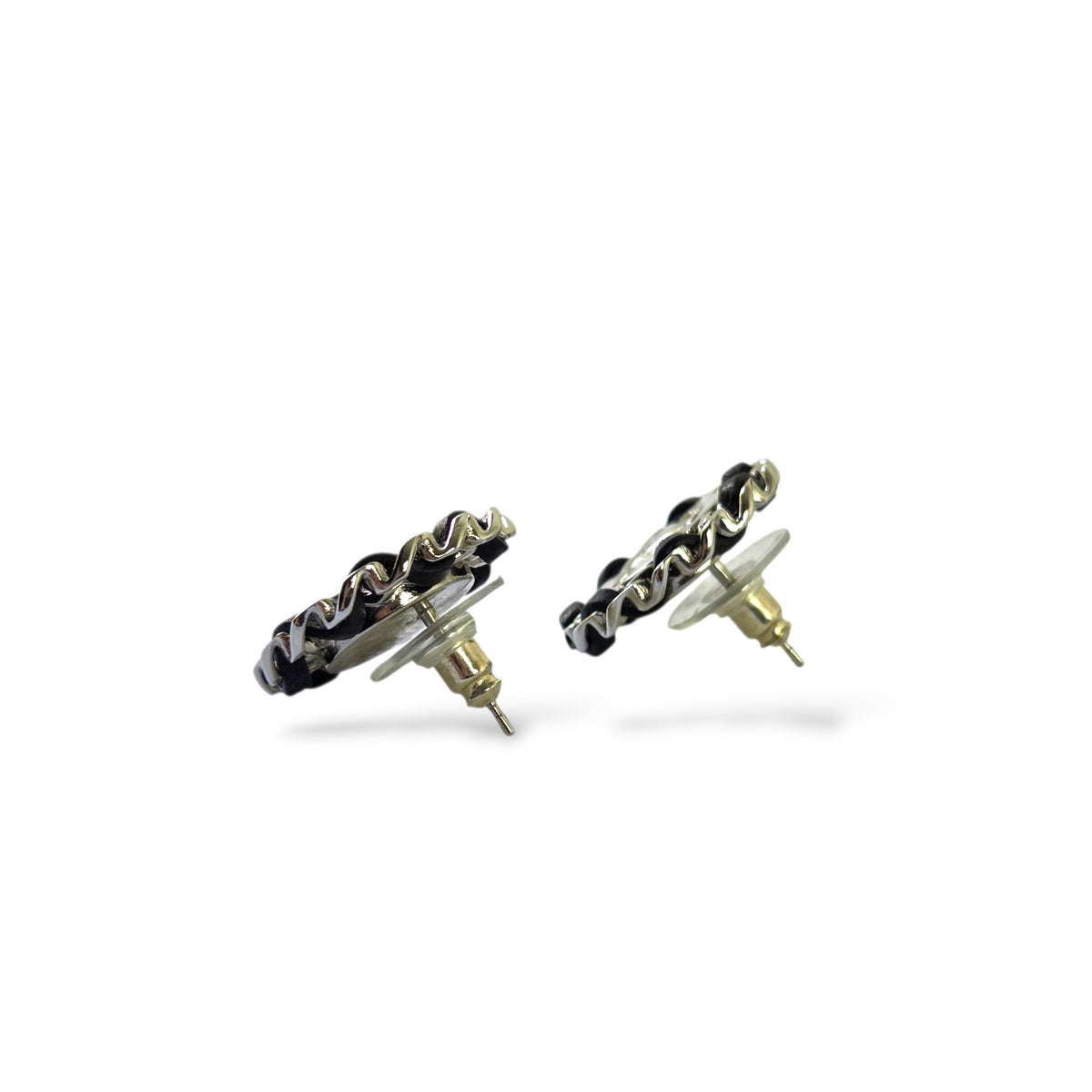 CC Round Stud Earrings with Woven Black Lambskin & Silver-Tone Chain Trim
