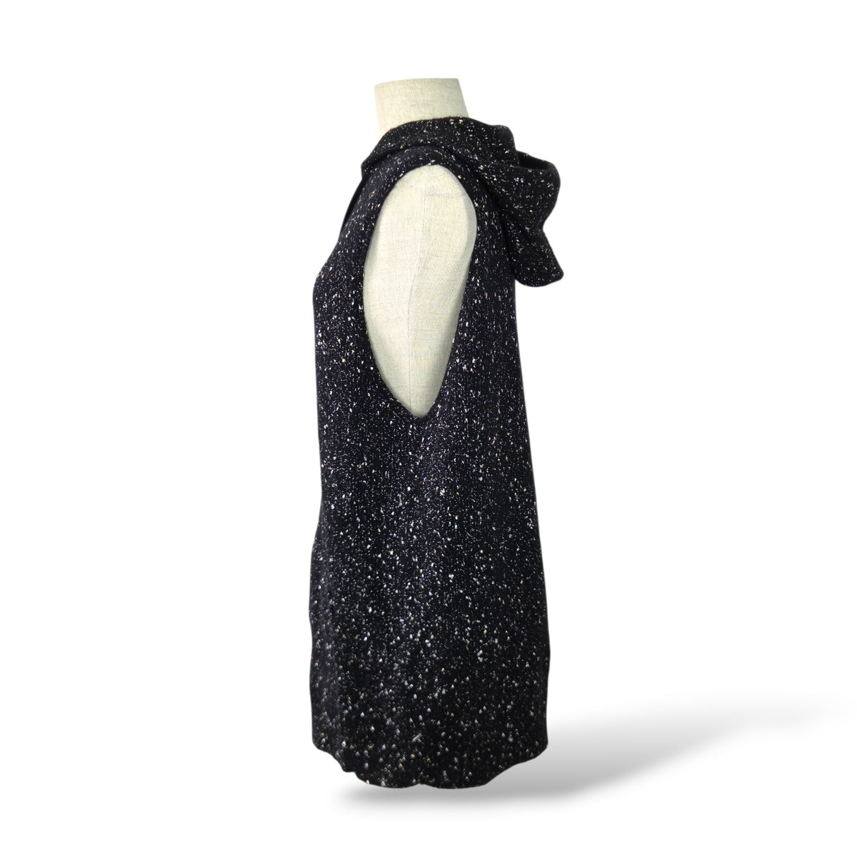 Pre-Owned Fabiana Filippi Black & White Speckled Knit Hooded Zip Vest with Metallic Drawstrings