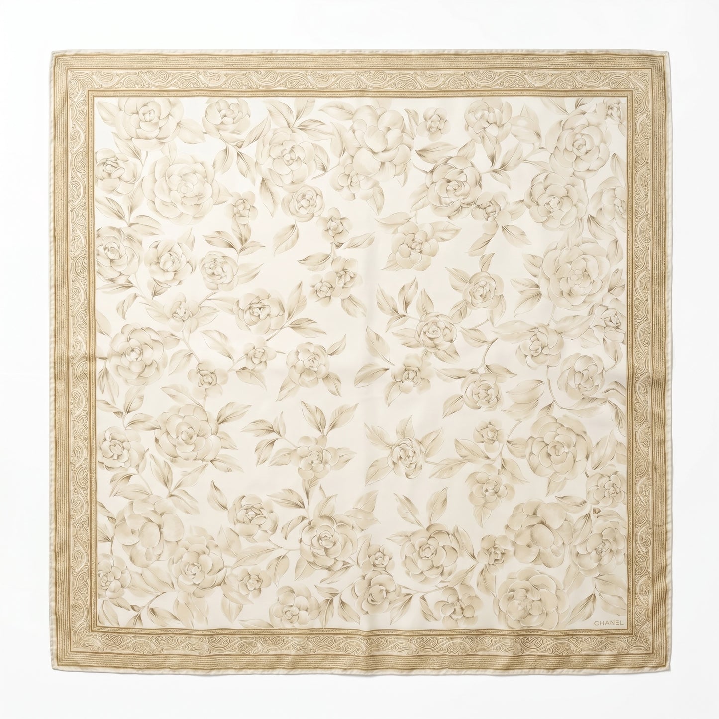 Pre-Owned Chanel ivory cream Camellia floral print silk scarf gold paisley border 99cm — Style Reissue Vancouver