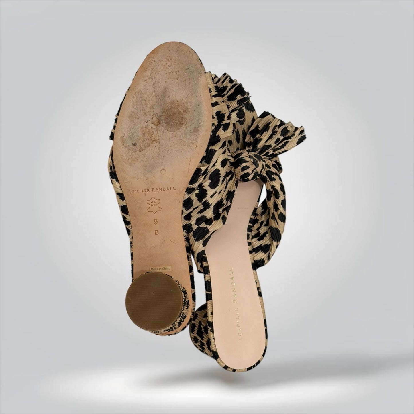 Pre-Owned Loeffler Randall Emilia Leopard Pleated Knot Mules — Size 9 B — Very Good | Style Reissue Vancouver