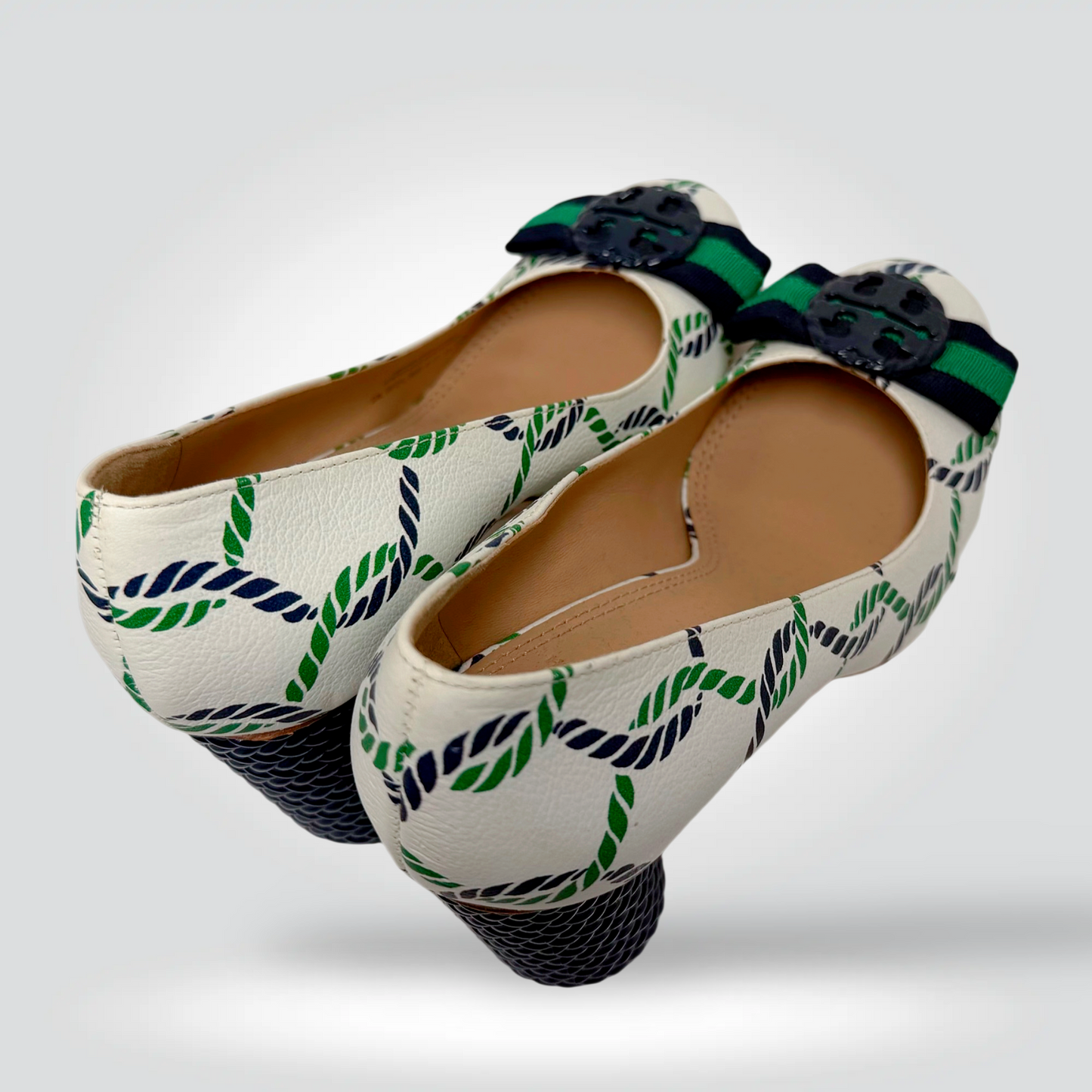 Tory Burch Canvas Pumps White Navy Green Rope Print Grosgrain Bow Block Heel — Size 5.5— Good | Style Reissue Vancouver