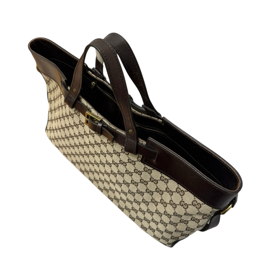 Gucci GG Supreme Canvas and Leather Tote – Vintage Monogram Top Handle Bag with Gold Buckle Belt Detail