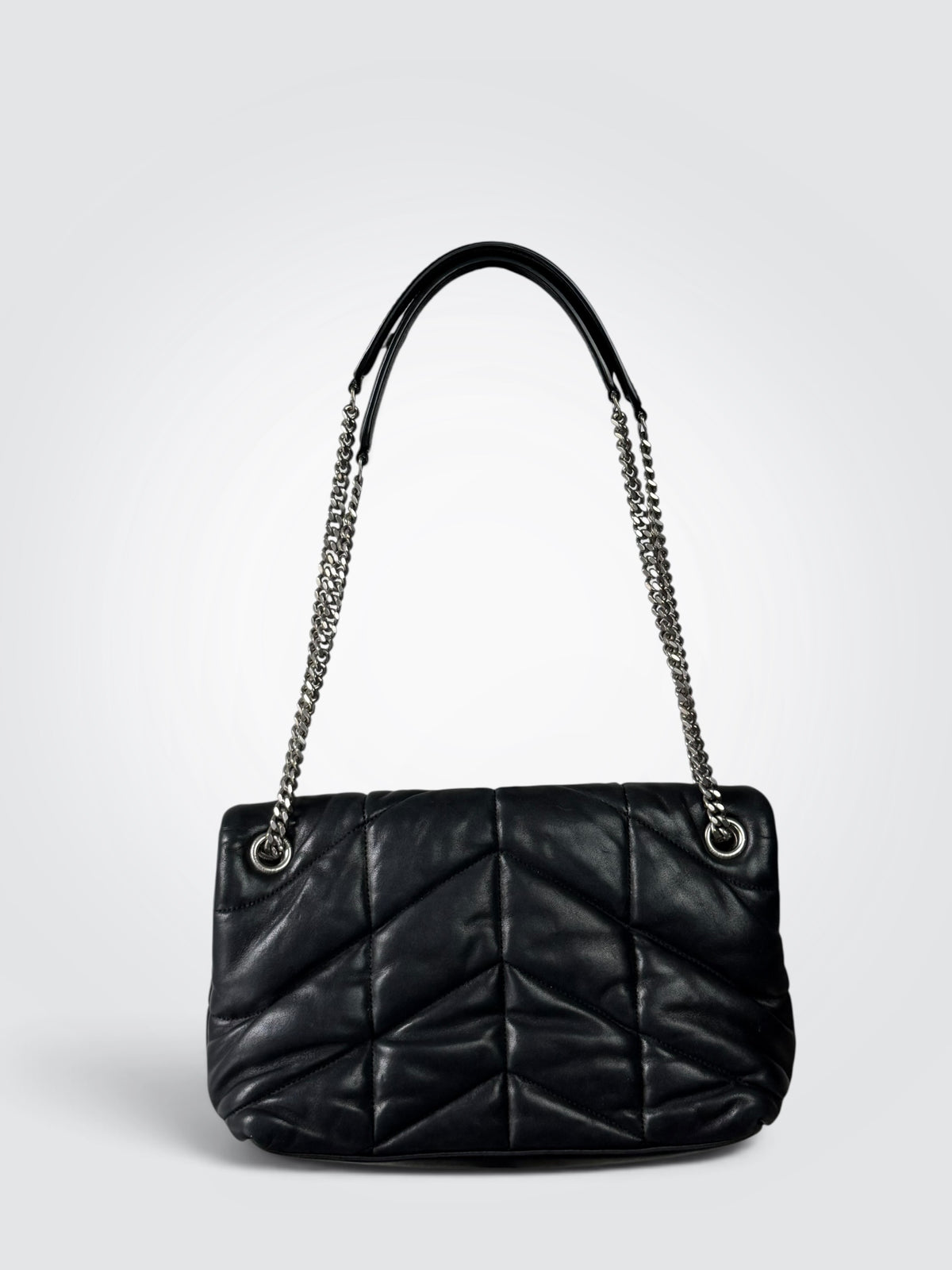 Pre-Owned Saint Laurent Loulou Puffer Medium Black Lambskin Shoulder Bag – Silver Hardware