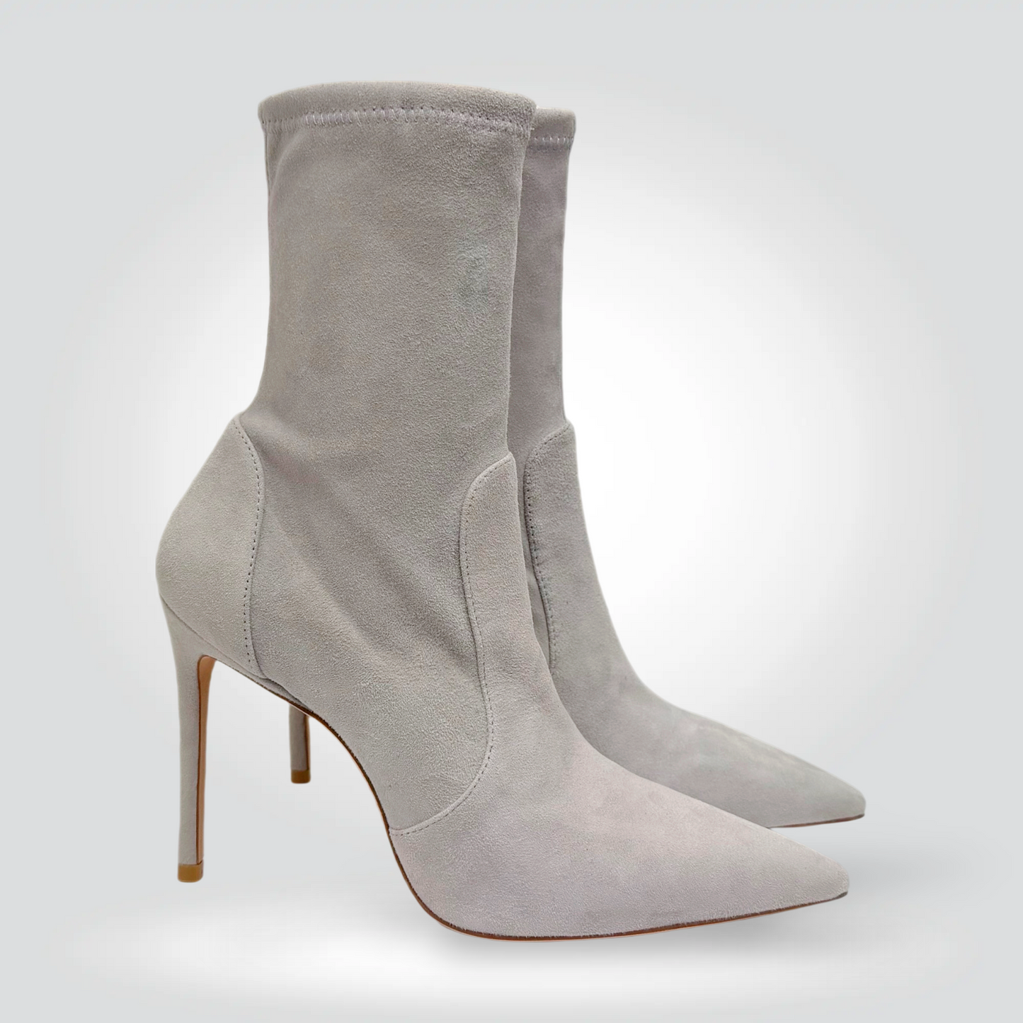 Stuart Weitzman Stretch Suede Stiletto Ankle Boots Light Grey Stone — Size 39 — [Condition] | Style Reissue Vancouver