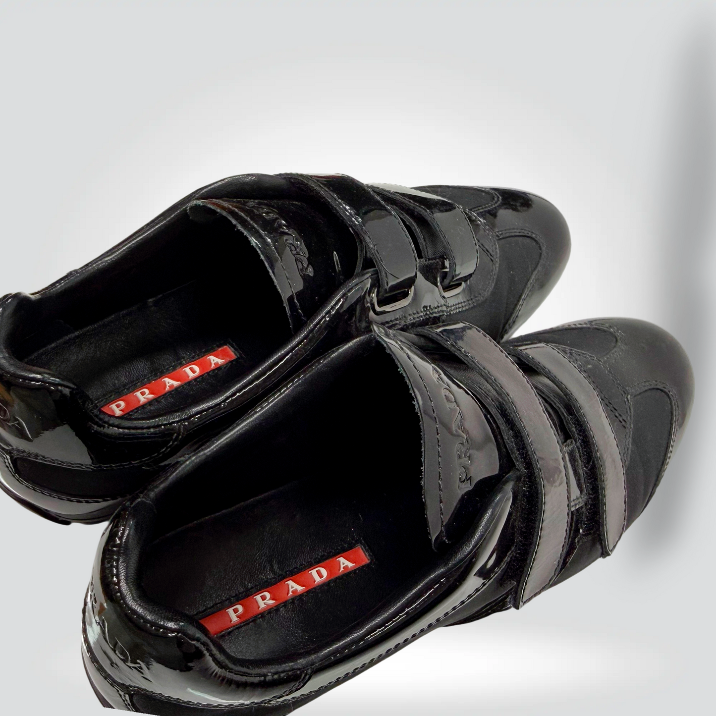 Pre-Owned Prada Patent Leather Velcro Strap Sneakers Black Red Logo Tab — Size 39 — Very Good  Style Reissue Vancouver