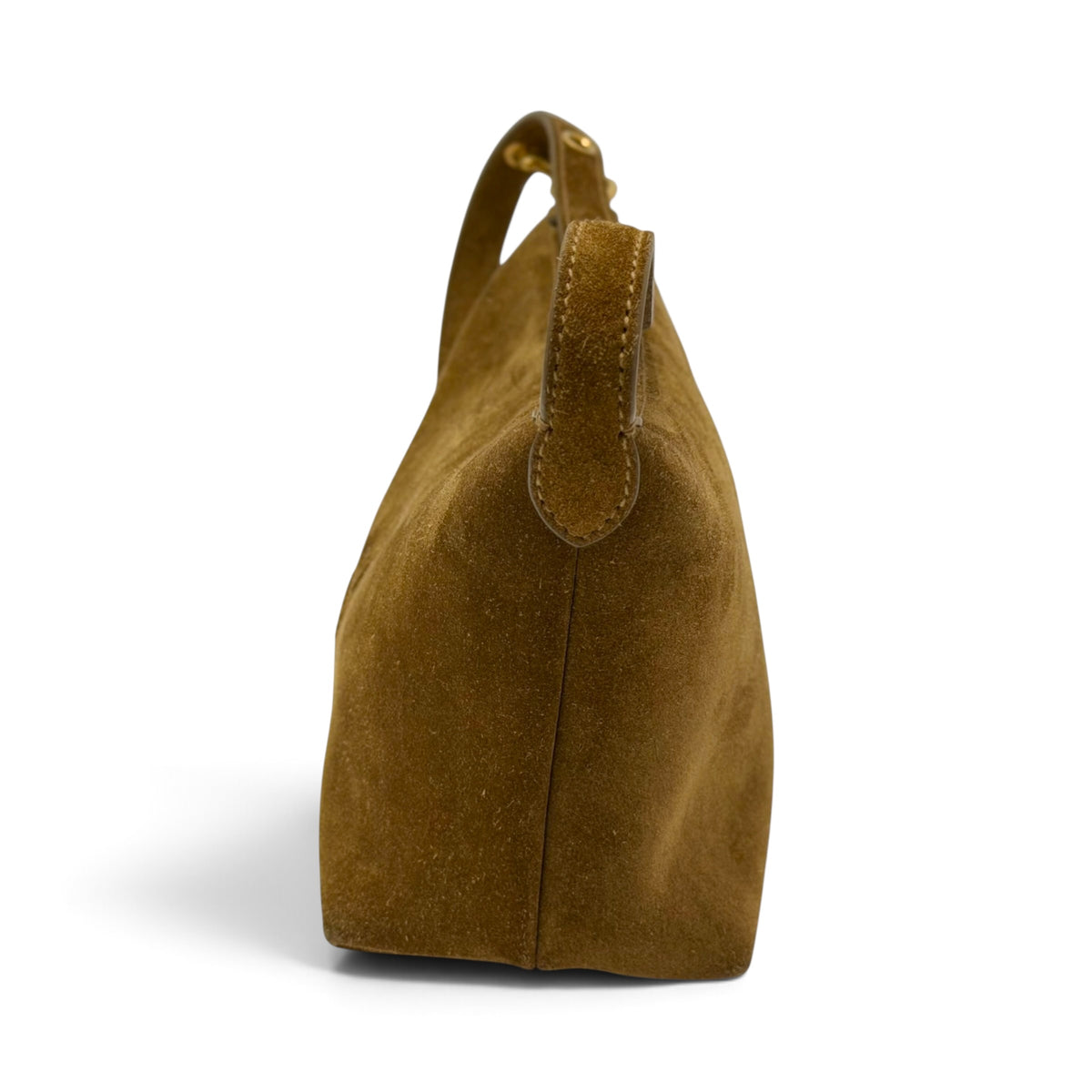 Brown Suede Small Shoulder Bag Embossed Logo Gold Hardware