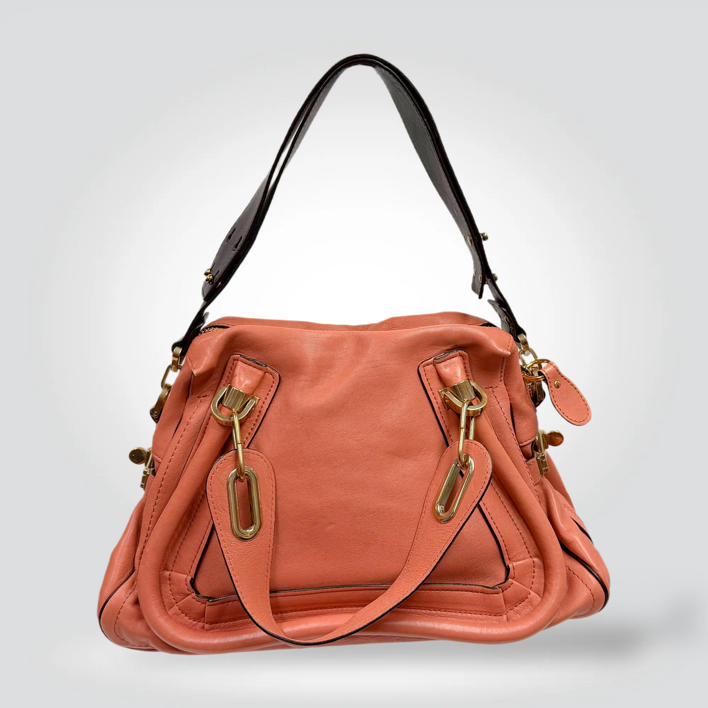 Chloé Paraty bag coral salmon pink leather gold hardware black top handle — Style Reissue Vancouver
