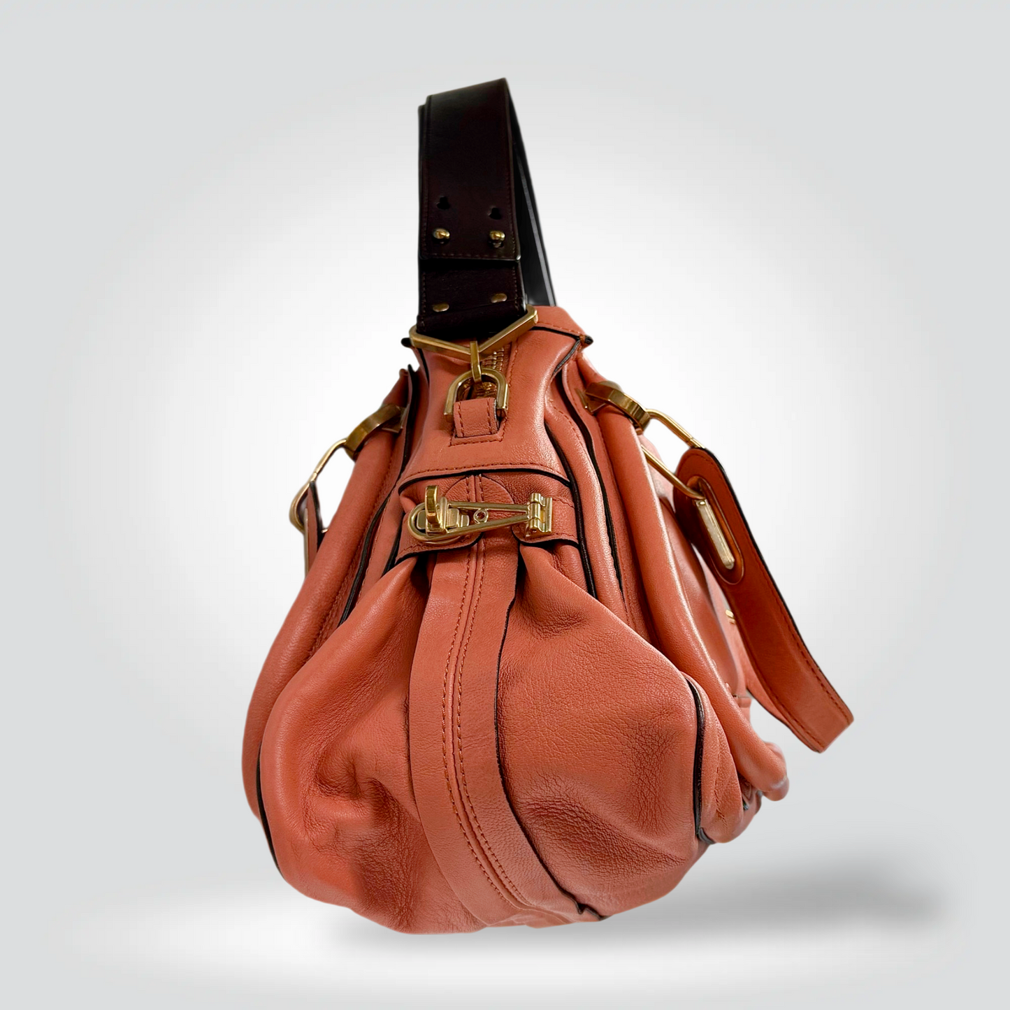 Chloé Paraty Bag Coral Salmon Pink Leather Gold Hardware Black Top Handle — [Very Good] | Style Reissue Vancouver