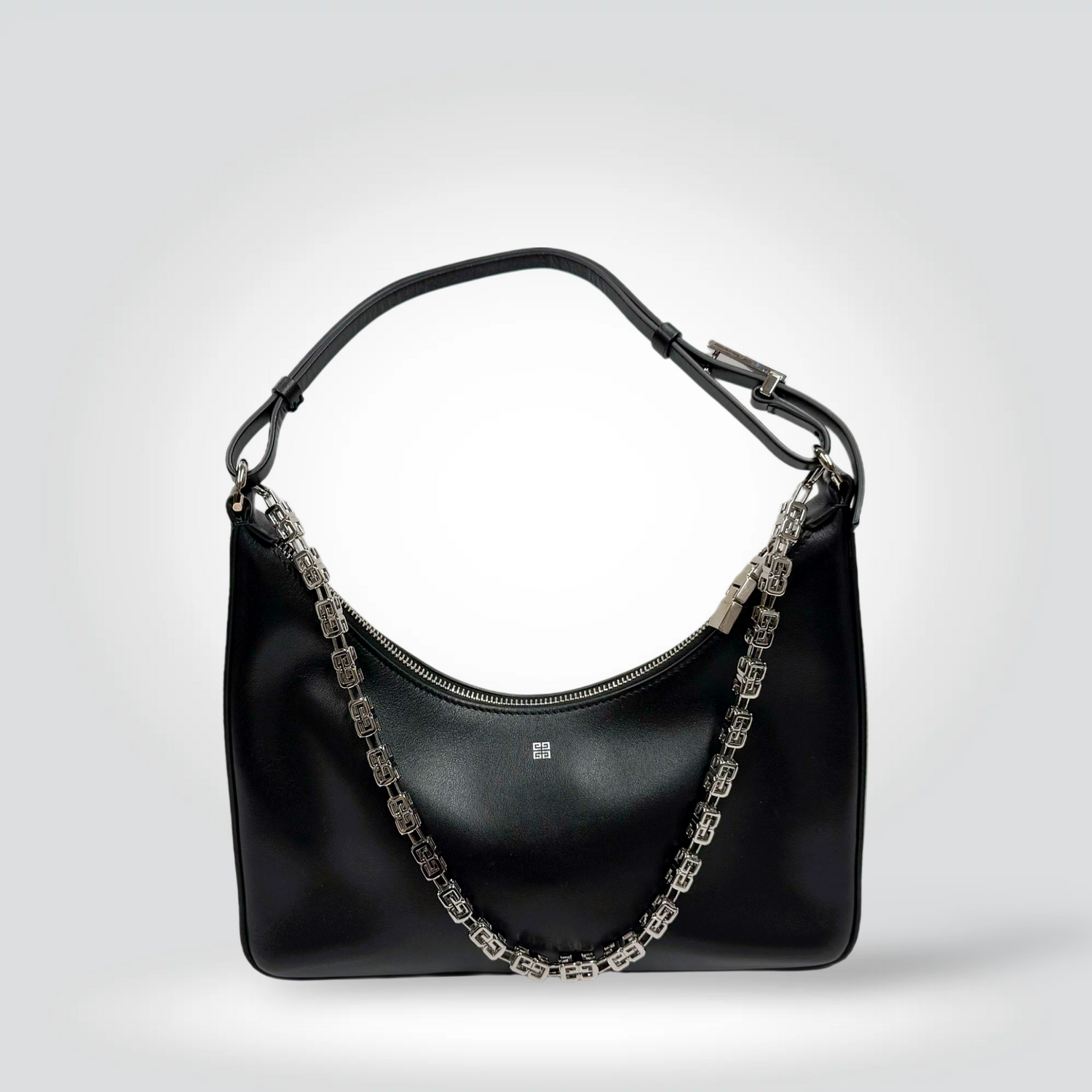 Pre-Owned Givenchy Moon Cut out shoulder bag silver chain strap top handle zip closure — Style Reissue Vancouver
