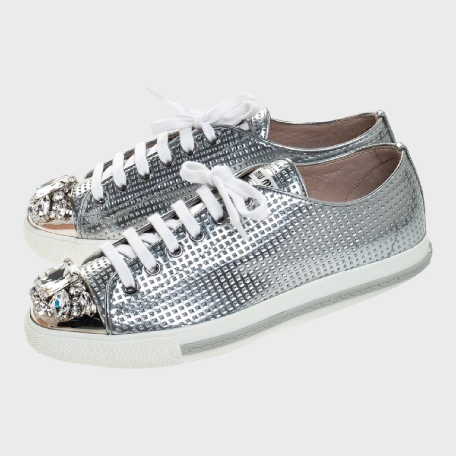 Miu Miu
Miu Miu Metallic Silver Perforated Leather Crystal Embellished Lace Up Sneakers Size 40