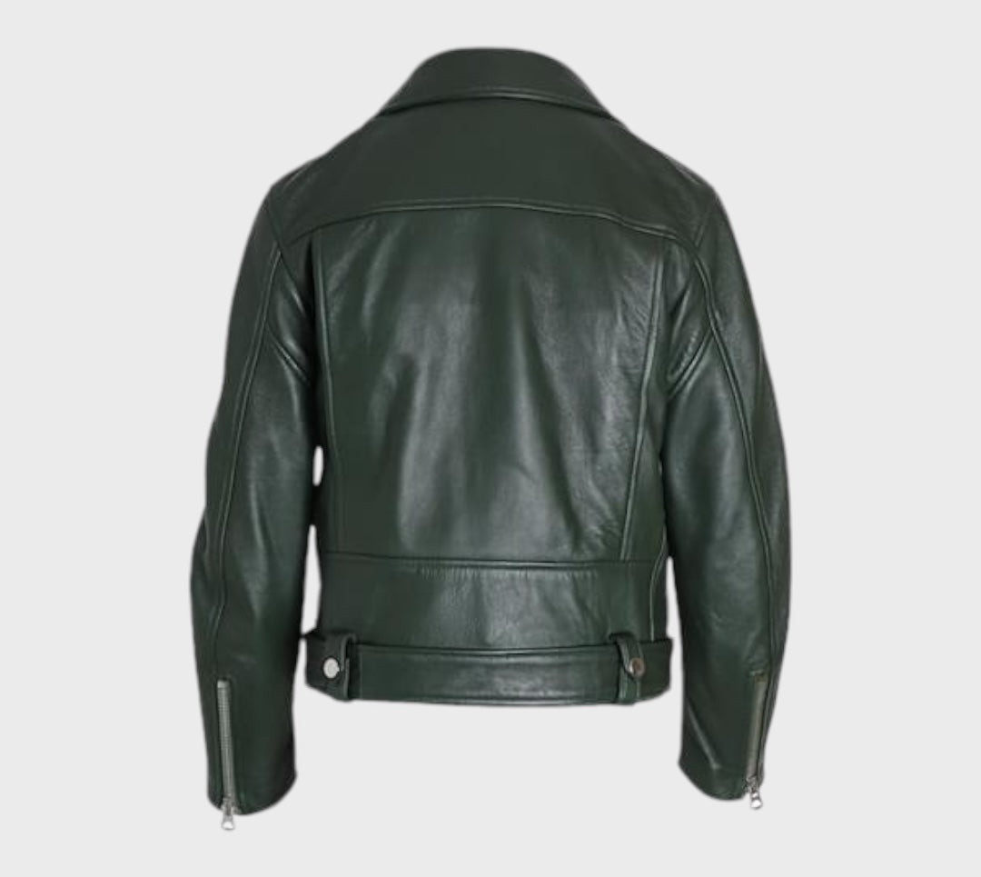 Acne Studios Mock Leather Moto Jacket in Green Leather Size 38