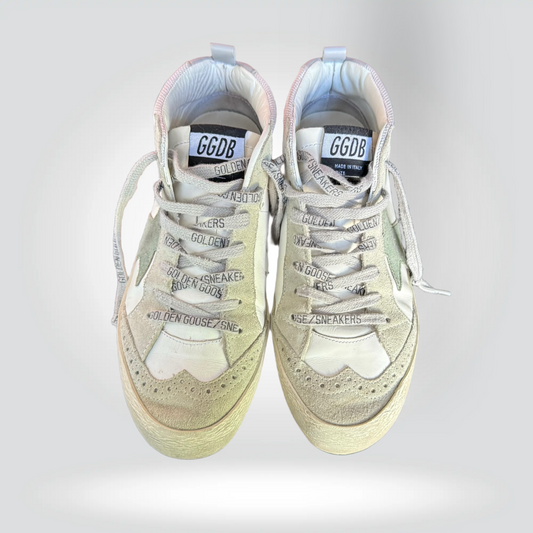 Golden Goose Mid Star Sneakers White Leather Green Star Silver Glitter Heel — Size 37— Good] | Style Reissue Vancouver