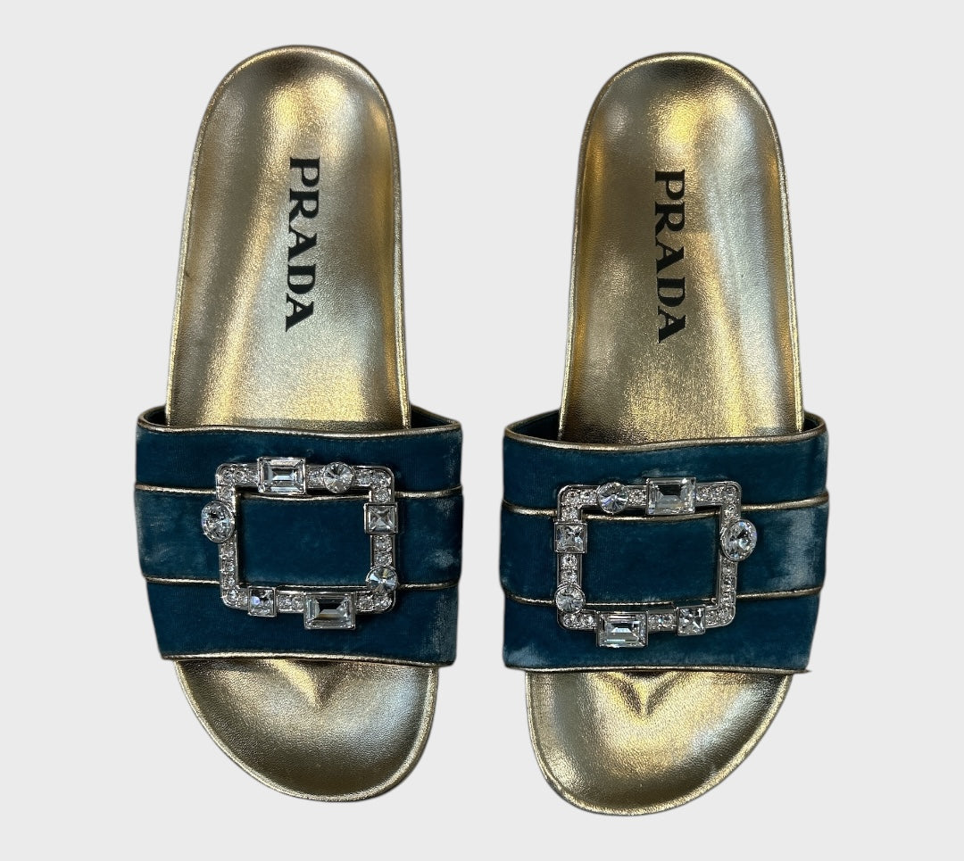 Prada
Prada Blue/Gold Velvet And Leather Buckle Detail Slides Sizes 39