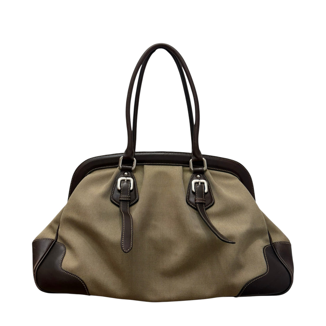 Prada Milano Canvas and Leather Tote Bag – Structured Beige & Brown Satchel with Embroidered Logo | Made in Italy