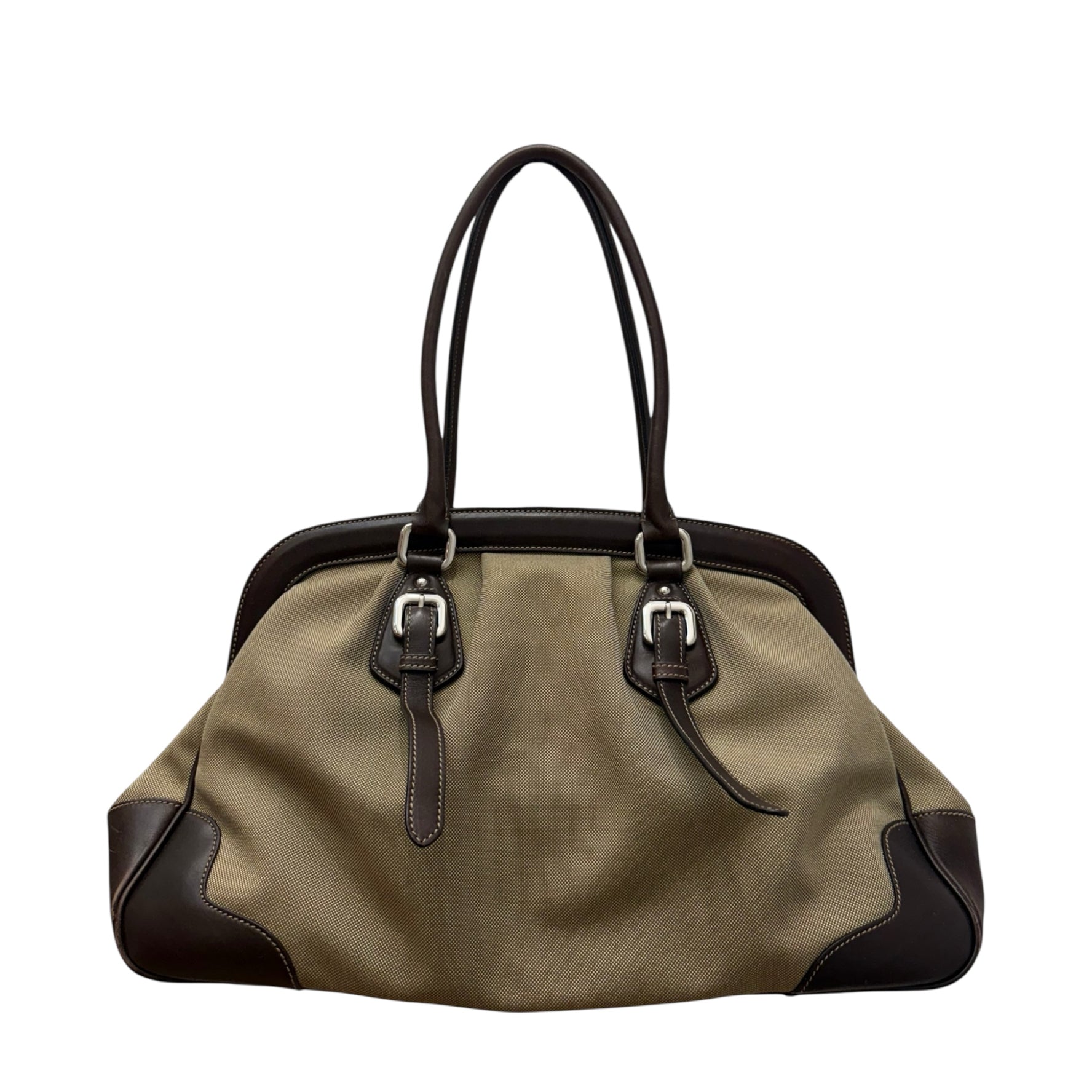 Prada Milano Canvas and Leather Tote Bag – Structured Beige & Brown Satchel with Embroidered Logo | Made in Italy