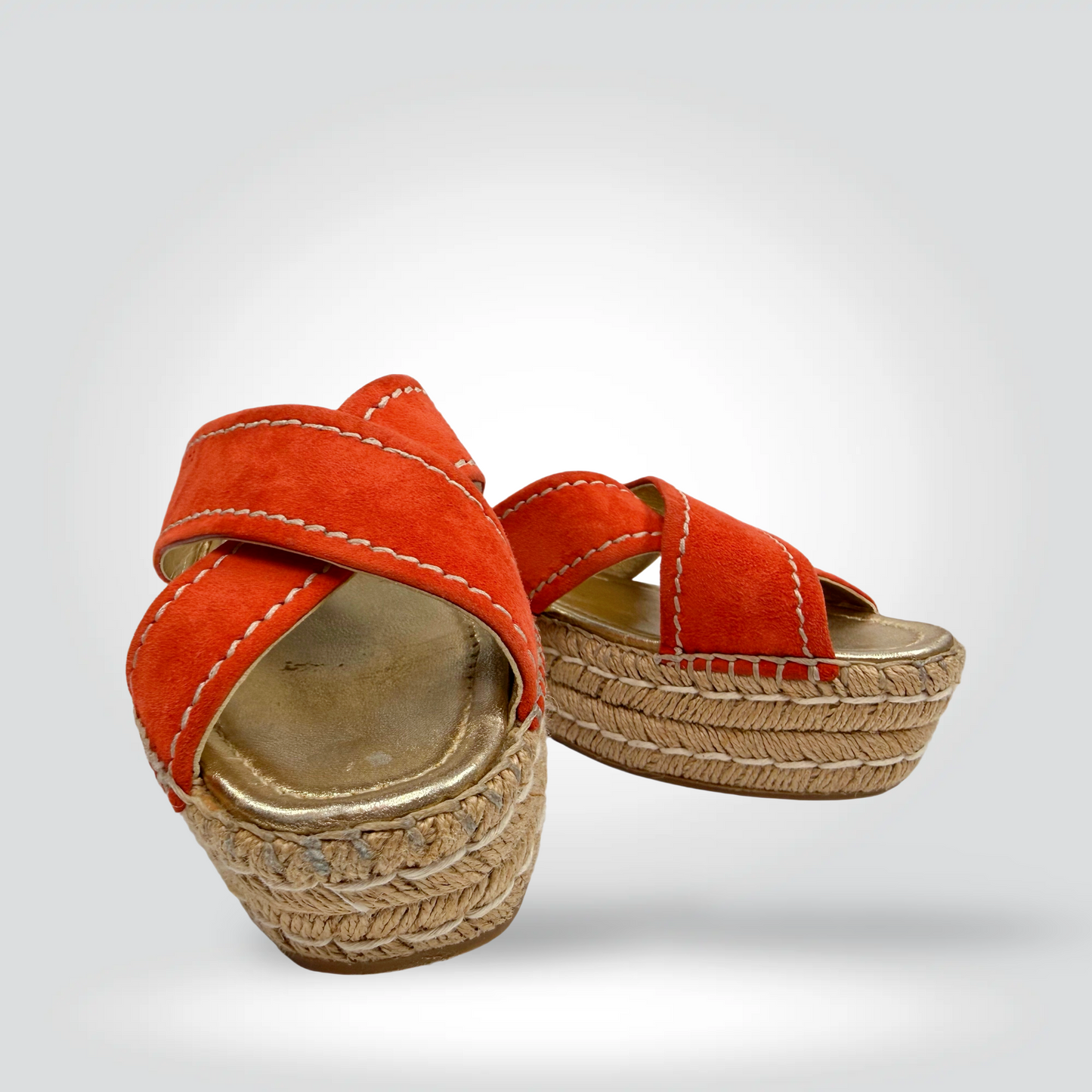 Pre-Owned Prada Suede Espadrille Wedge Slides Orange Red Crossed Strap Jute Platform — Size 38— Very Good | Style Reissue Vancouver