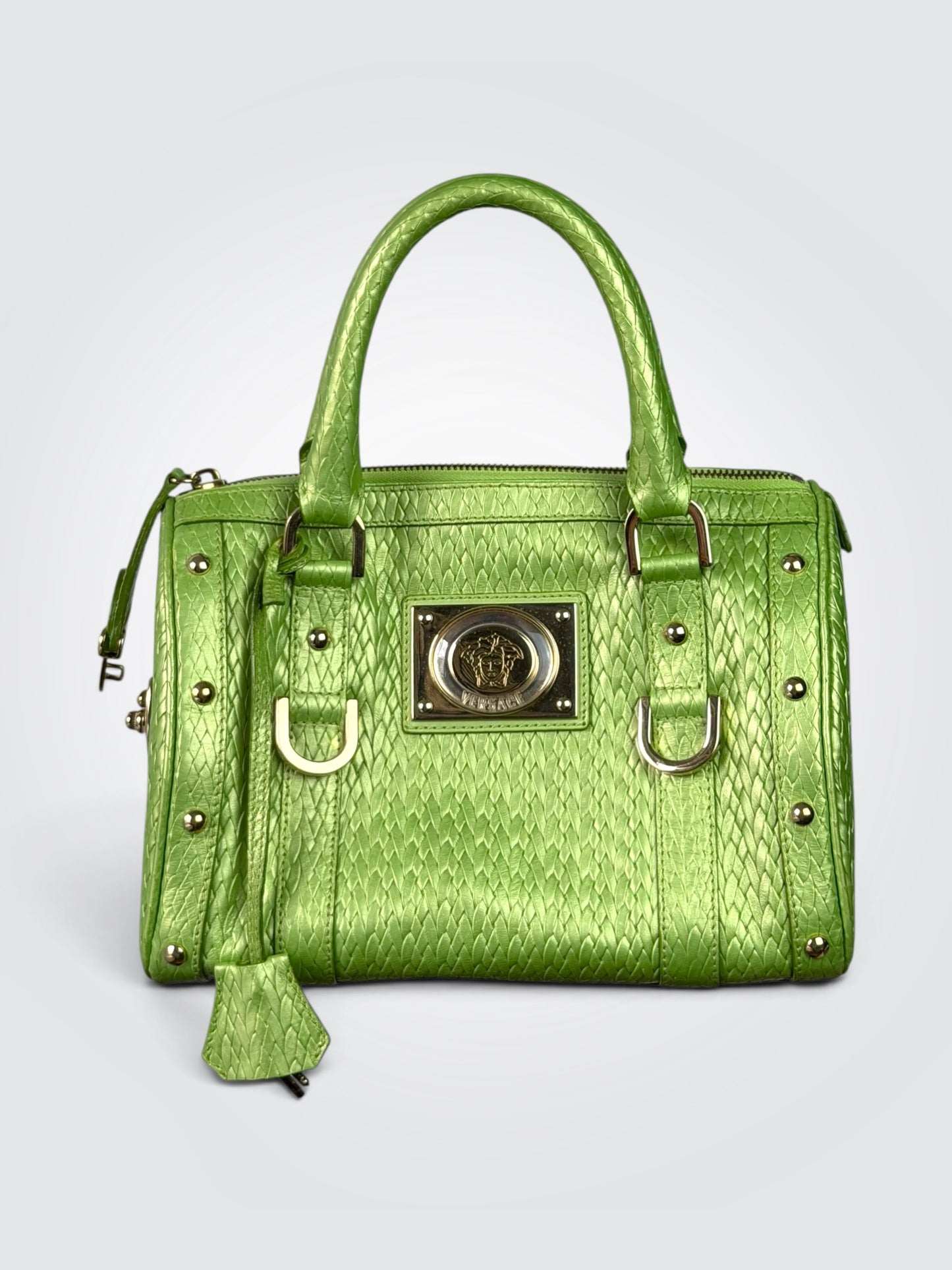 Pre-owned Versace green textured leather doctor satchel handbag with gold-tone hardware and central Medusa plaque