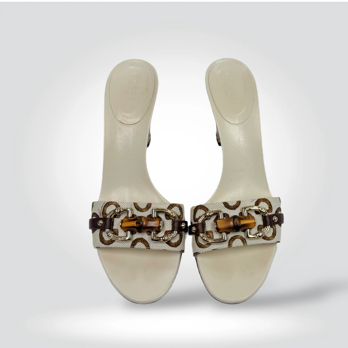 Pre-Owned Gucci cream ivory GG canvas horsebit bamboo chain mule heel 3.5 inch — Style Reissue Vancouver