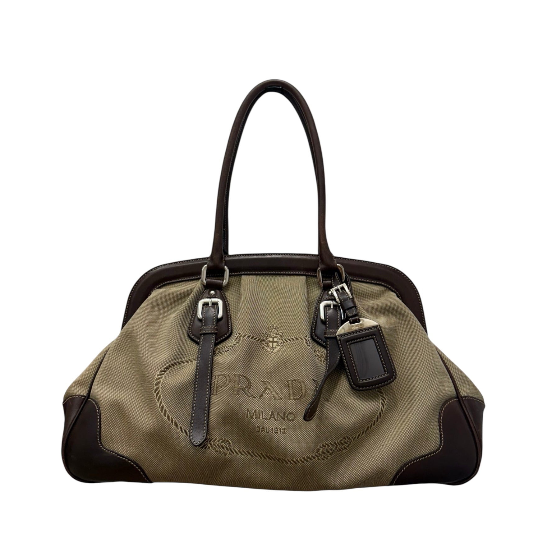 Prada Milano Canvas and Leather Tote Bag – Structured Beige & Brown Satchel with Embroidered Logo | Made in Italy
