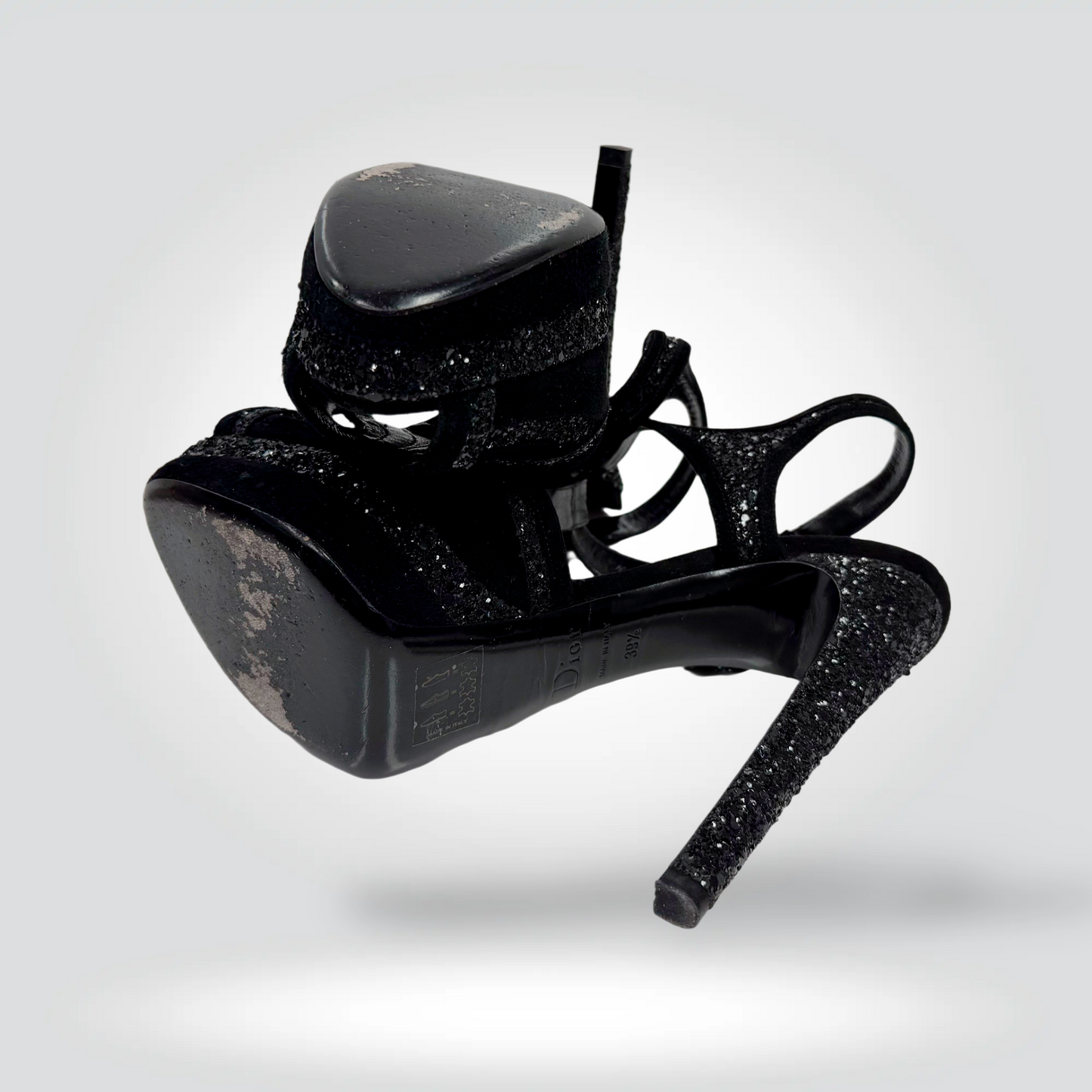 Pre-Owned Christian Dior Black Glitter Strappy Ankle Strap Sandal Silver Buckle 5.5" Heel — Size 39.5 — Excellent | Style Reissue Vancouver