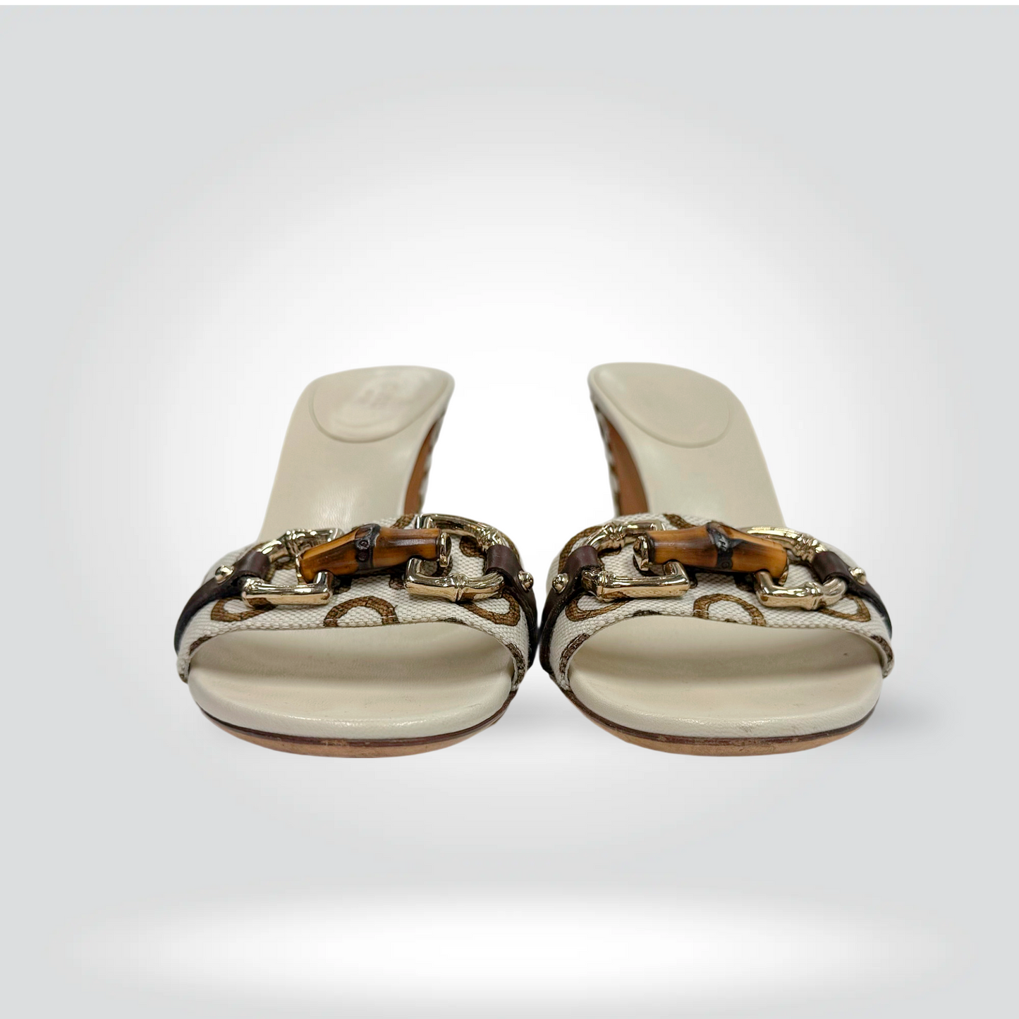 Pre-Owned Gucci cream ivory GG canvas horsebit bamboo chain mule heel 3.5 inch — Style Reissue Vancouver