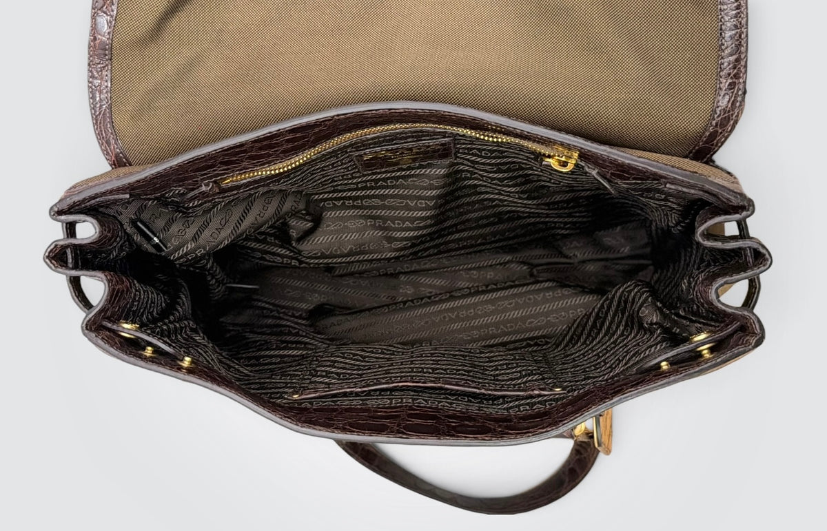 Pre-Owned Vintage Prada Canapa Brown Canvas Tote Bag with Crocodile-Embossed Leather Trim and Lock